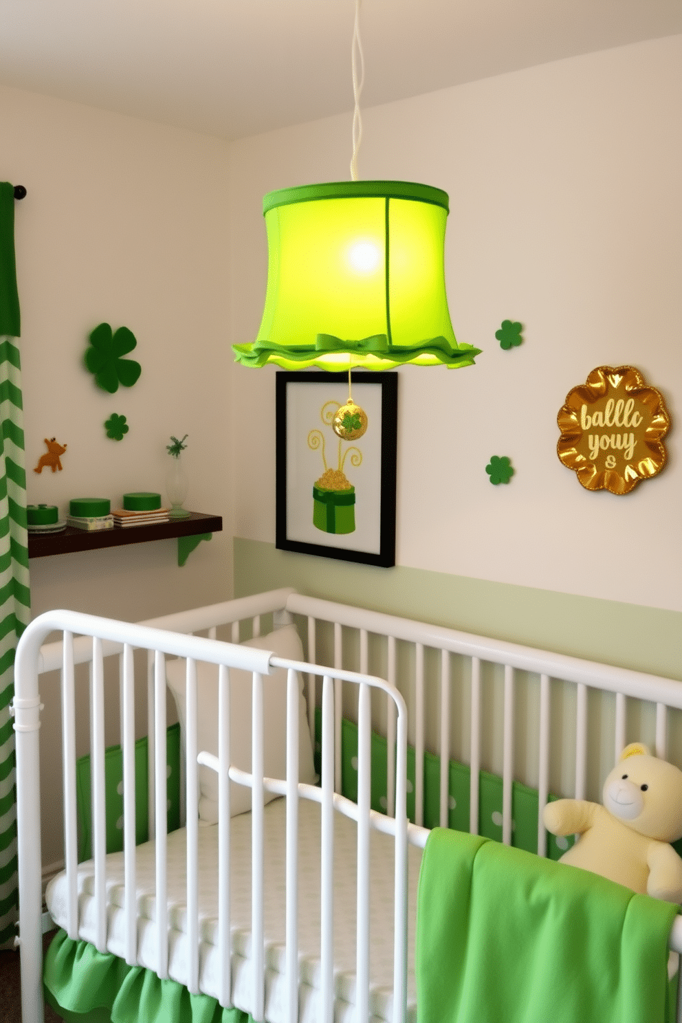 A whimsical nursery decorated for St. Patrick's Day features a charming leprechaun hat lampshade hanging above a cozy crib. The walls are adorned with playful green and gold accents, while plush toys and themed decor create a festive atmosphere.