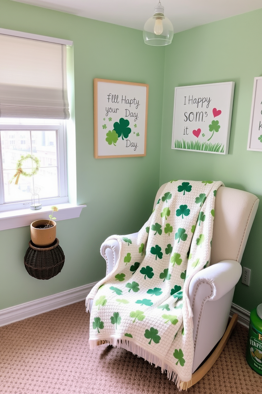 A cozy nursery decorated for St. Patrick's Day features a soft shamrock patterned throw blanket draped over a plush rocking chair. The walls are painted in a gentle pastel green, adorned with whimsical artwork celebrating the holiday, while a small potted shamrock plant sits on the window sill, adding a touch of nature.