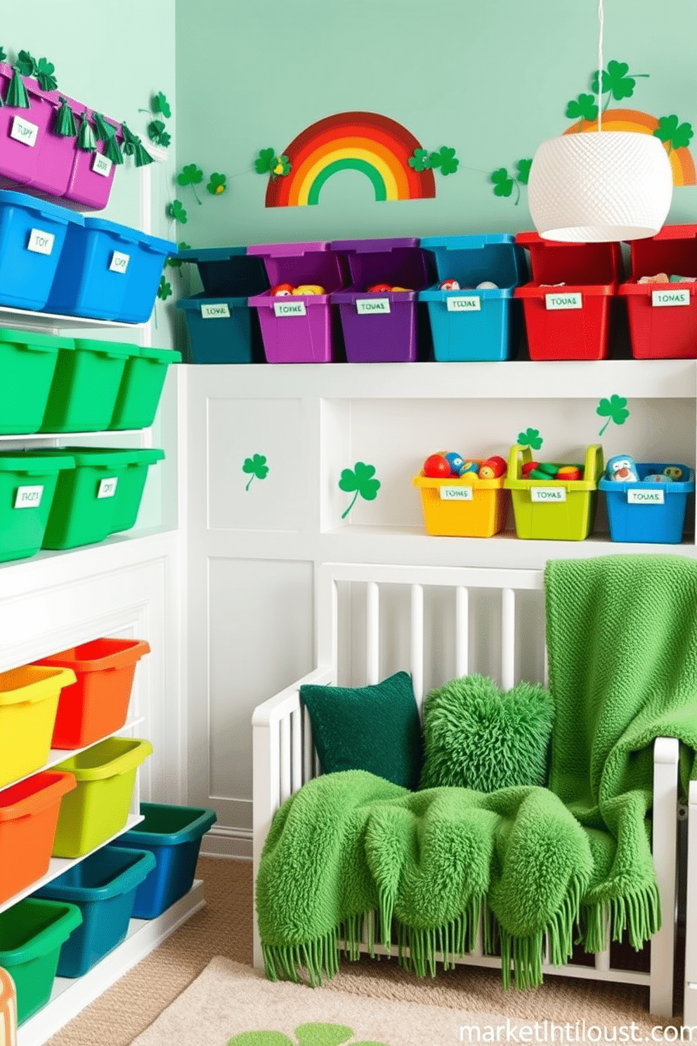 A playful nursery filled with rainbow-colored toy bins arranged neatly along the walls. Each bin is labeled and organized by color, creating a cheerful and inviting atmosphere for children. For St. Patrick's Day, the nursery features whimsical decorations such as shamrock garlands and green accents throughout the space. A cozy reading nook is adorned with plush green cushions and a festive throw blanket, enhancing the holiday spirit.