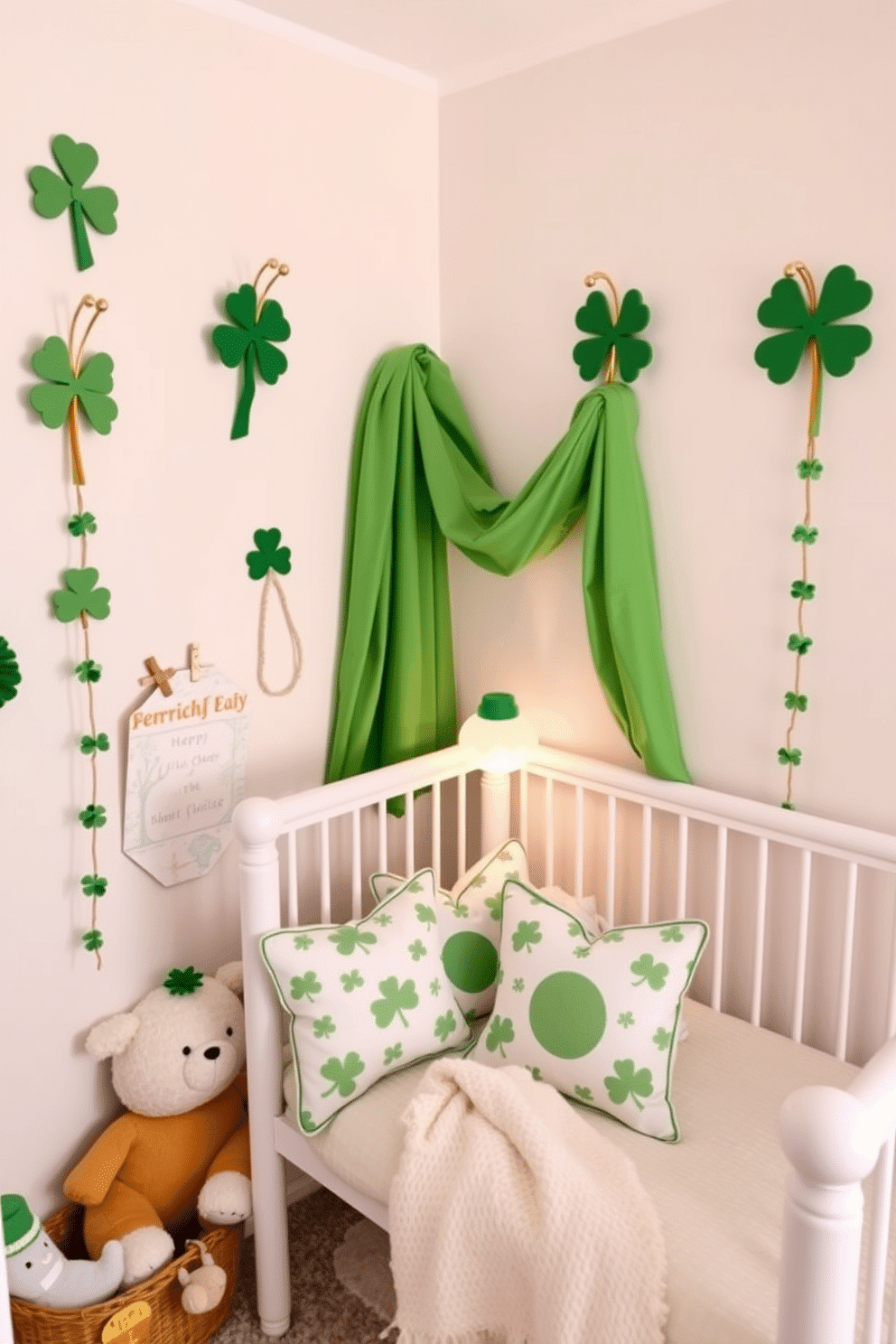 A playful nursery adorned with green and gold wall hooks that add a touch of whimsy and functionality. Soft pastel colors dominate the space, complemented by plush toys and cozy blankets scattered around. For St. Patrick's Day, the nursery features cheerful decorations like shamrock garlands and green accents that celebrate the festive spirit. A small, inviting reading nook is adorned with themed cushions and a gentle glow from a whimsical lamp, creating a warm atmosphere for storytime.