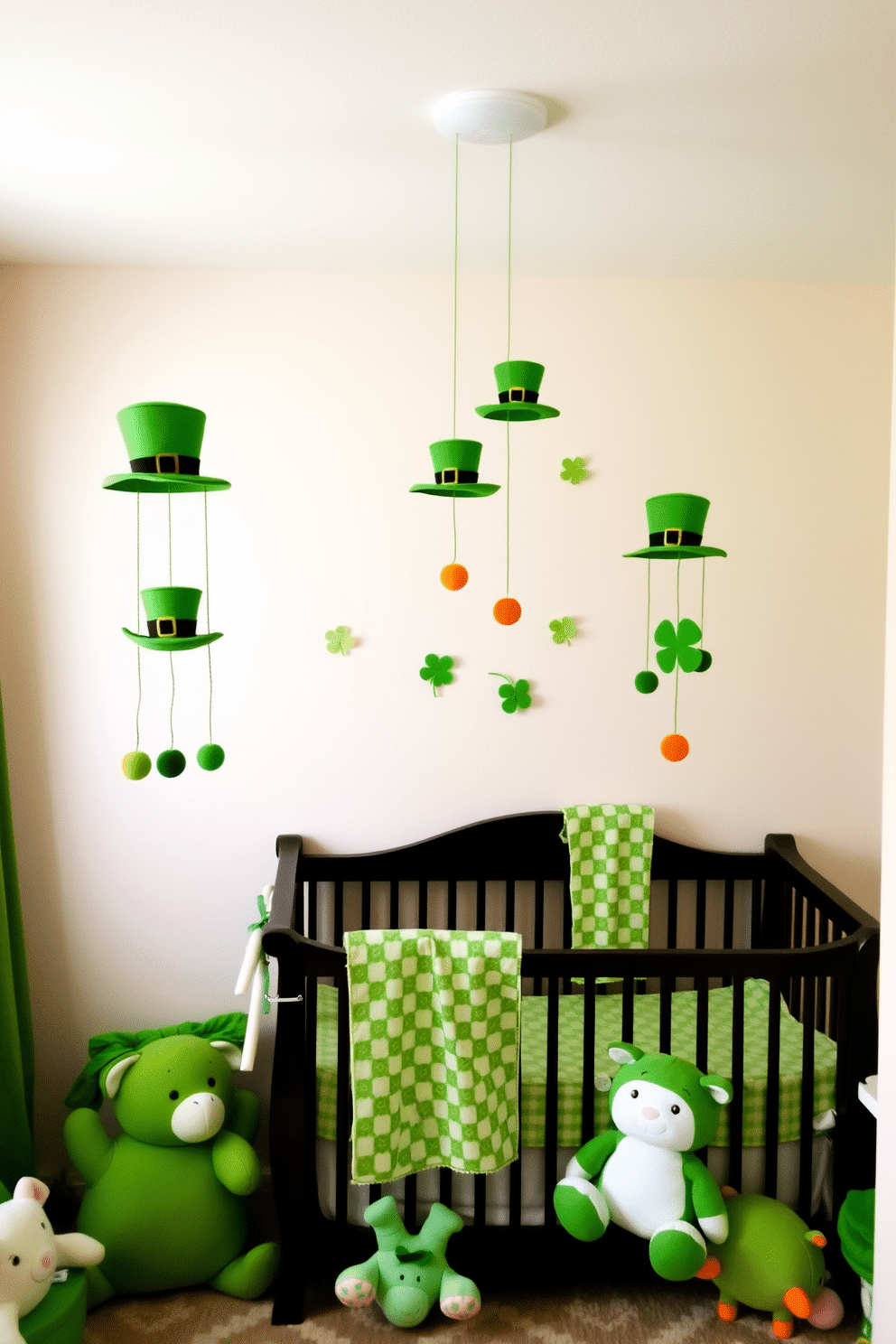 A whimsical nursery decorated for St. Patrick's Day features charming leprechaun hat mobiles hanging from the ceiling. The walls are painted in soft pastels, and playful green accents create a festive atmosphere, with plush toys and themed decor scattered throughout the room.