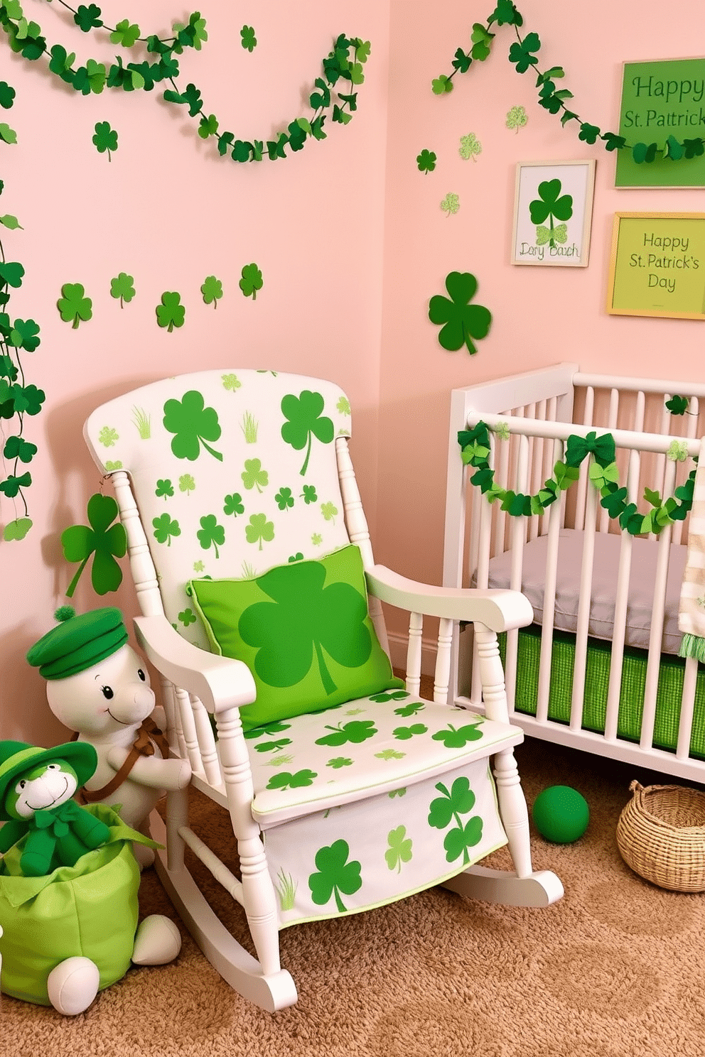 A charming rocking chair adorned with St. Patrick's Day motifs, featuring a soft green cushion and shamrock patterns. The chair is set in a cozy nursery corner, surrounded by plush toys and whimsical decorations that celebrate the holiday. The nursery is decorated with playful St. Patrick's Day accents, including garlands of shamrocks and cheerful green wall art. A soft, pastel color palette complements the festive decor, creating a warm and inviting atmosphere for little ones.