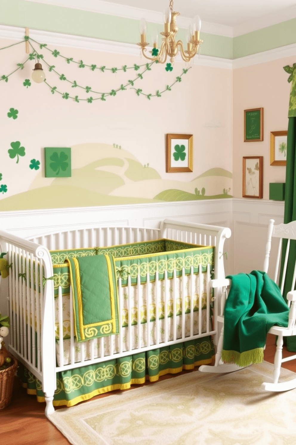 A charming nursery featuring Celtic knot crib bedding in rich greens and golds, creating a warm and inviting atmosphere. The walls are adorned with soft, pastel hues, and whimsical St. Patrick's Day decorations, such as shamrock garlands and playful wall art, add a festive touch. The crib is positioned against a wall with a delicate mural of rolling hills and Celtic designs, enhancing the theme. A cozy rocking chair sits nearby, draped with a green throw blanket, inviting quiet moments of bonding and comfort.