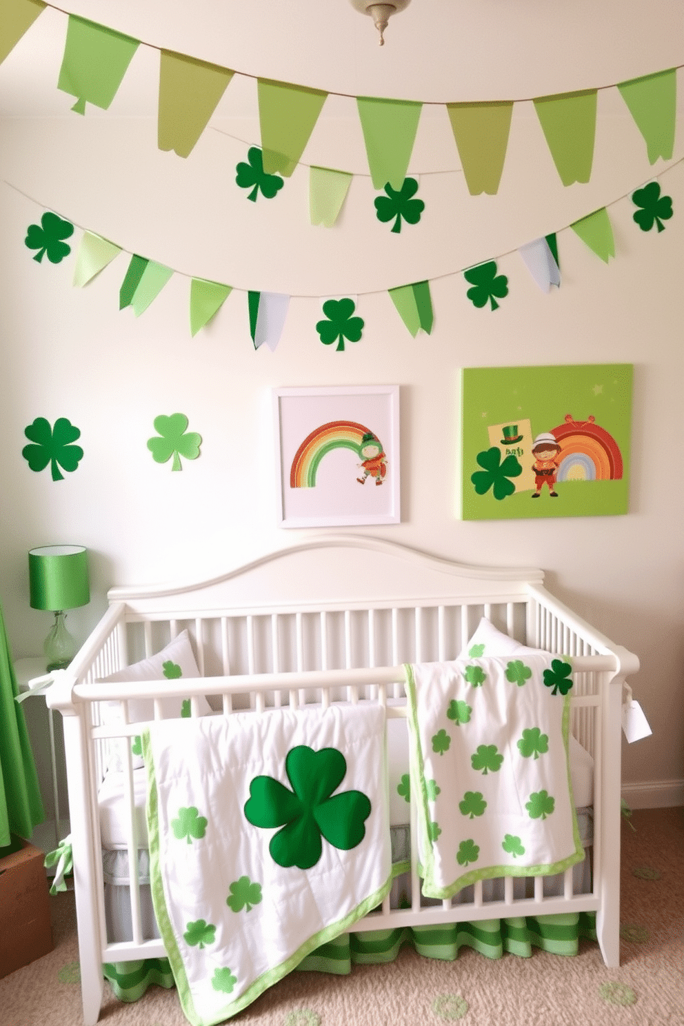 A cheerful nursery decorated for St. Patrick's Day, featuring Irish flag bunting strung across the room. Soft green and white accents create a festive atmosphere, with plush toys and blankets adorned in shamrock patterns. The walls are painted in a light pastel shade, complementing the vibrant colors of the decorations. A cozy crib is surrounded by whimsical wall art depicting leprechauns and rainbows, enhancing the playful theme.