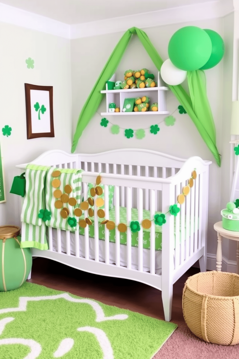 A whimsical nursery adorned for St. Patrick's Day features a delightful gold coin garland draped across the crib. The soft pastel walls are complemented by playful green accents, creating a festive yet calming atmosphere for the little one.