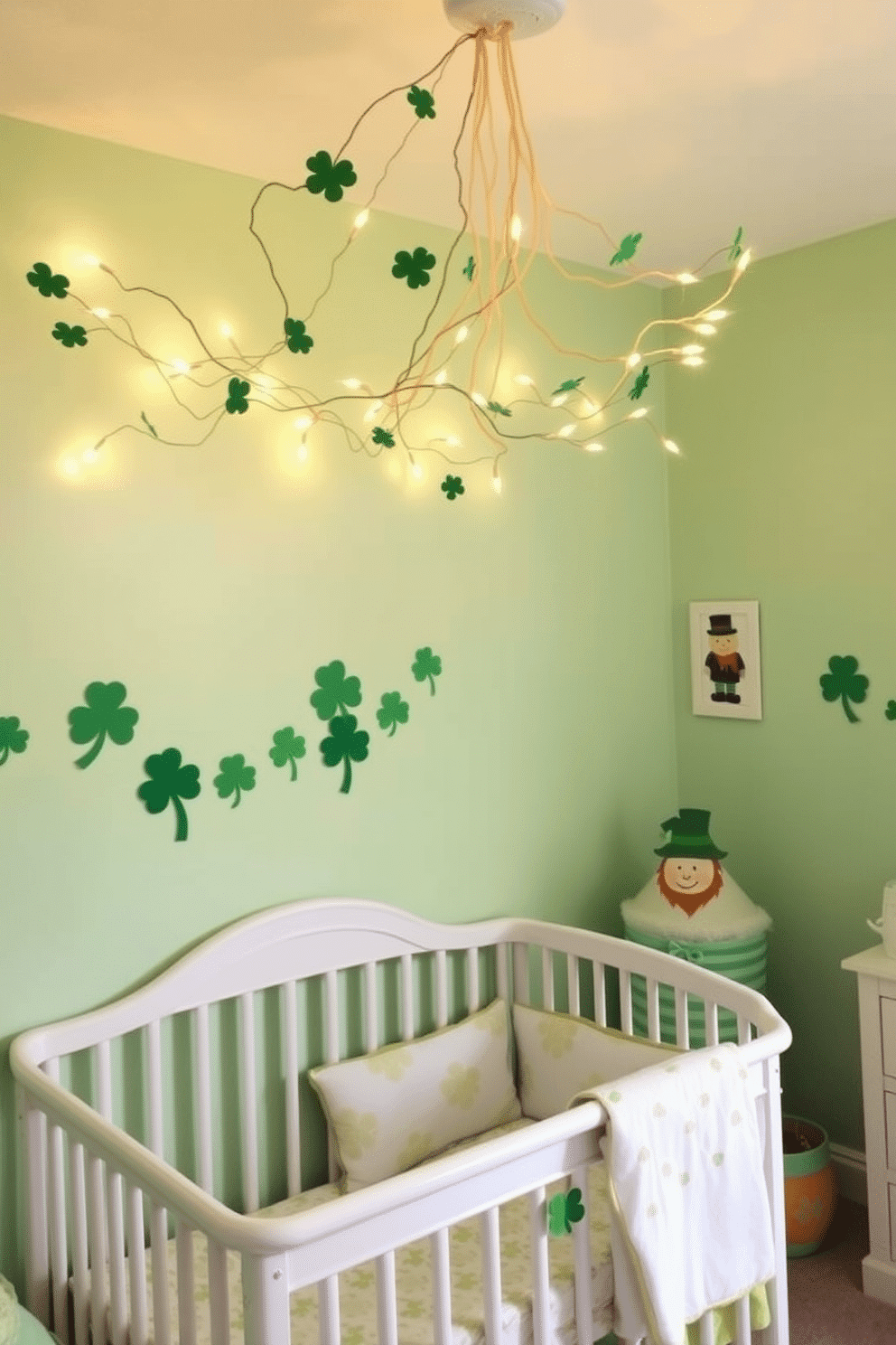 A whimsical nursery adorned with shamrock fairy lights twinkling softly above a cozy crib. The walls are painted in a gentle pastel green, and playful St. Patrick's Day decorations, such as paper shamrocks and cheerful leprechauns, are scattered throughout the room.