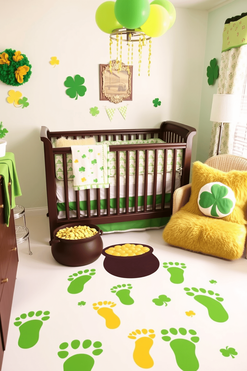 A whimsical nursery decorated for St. Patrick's Day features playful leprechaun footprints floor stickers leading to a colorful pot of gold. The walls are adorned with cheerful green and gold accents, while plush shamrock pillows add a festive touch to the cozy seating area.