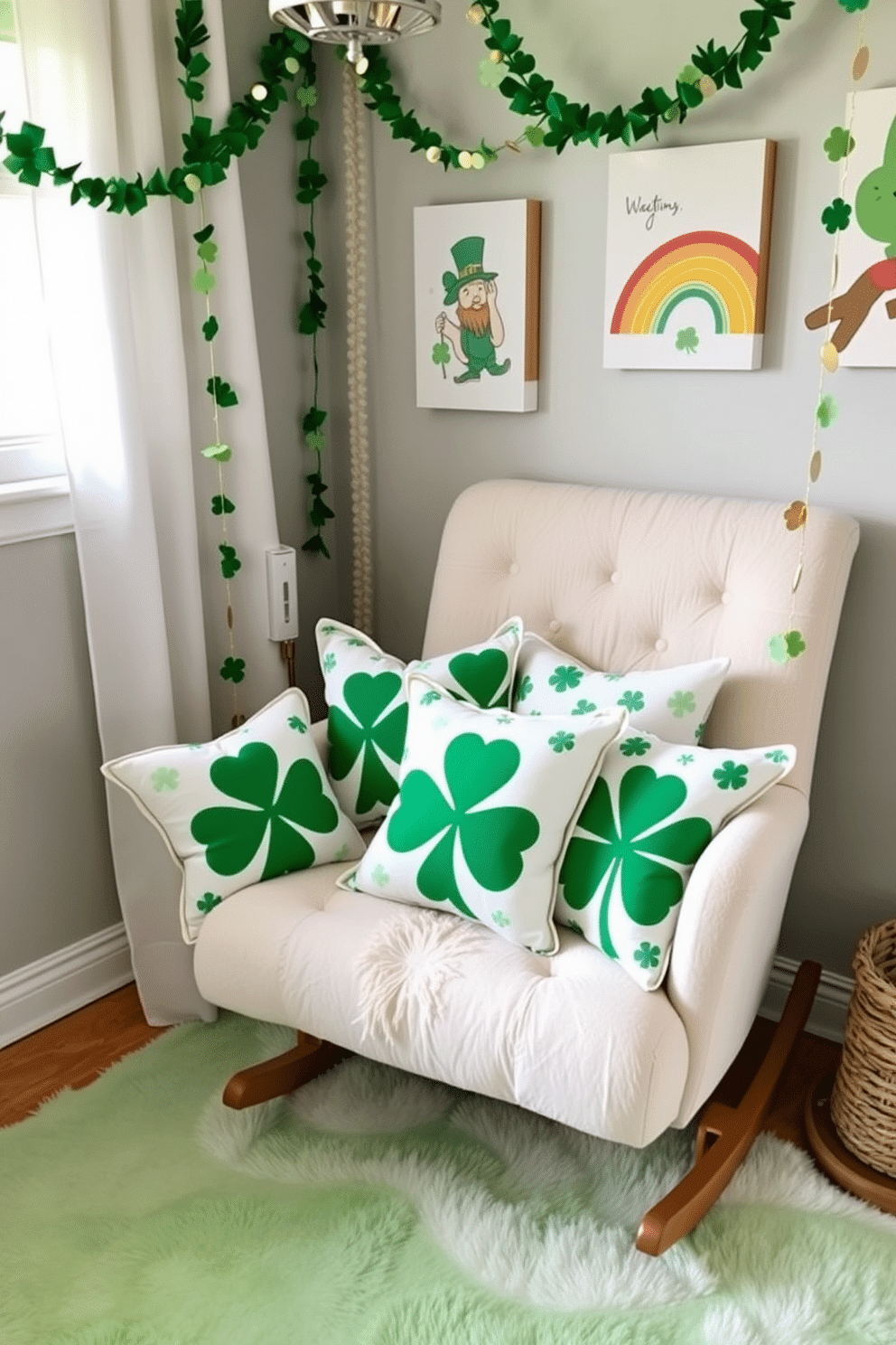 A cozy nursery adorned with St. Patrick's Day-themed pillows, featuring playful shamrock patterns in vibrant greens and soft whites. The pillows are arranged on a plush rocking chair, creating a welcoming nook for storytime and cuddles. Delicate garlands of green and gold hang from the walls, complemented by cheerful wall art depicting leprechauns and rainbows. A soft, pastel green rug lies on the floor, adding warmth and comfort to the space, perfect for little ones to play.