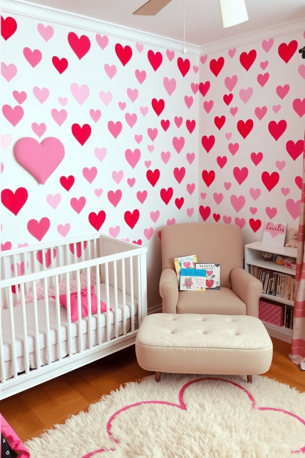 A charming nursery decorated for Valentine's Day features heart-shaped wall art in soft pastel colors. The walls are adorned with a whimsical pattern of pink and red hearts, creating a warm and inviting atmosphere for a little one. A cozy reading nook is set up with a plush armchair and a small bookshelf filled with children's books. A soft, heart-patterned rug lies on the floor, providing a comfortable space for play and imagination.