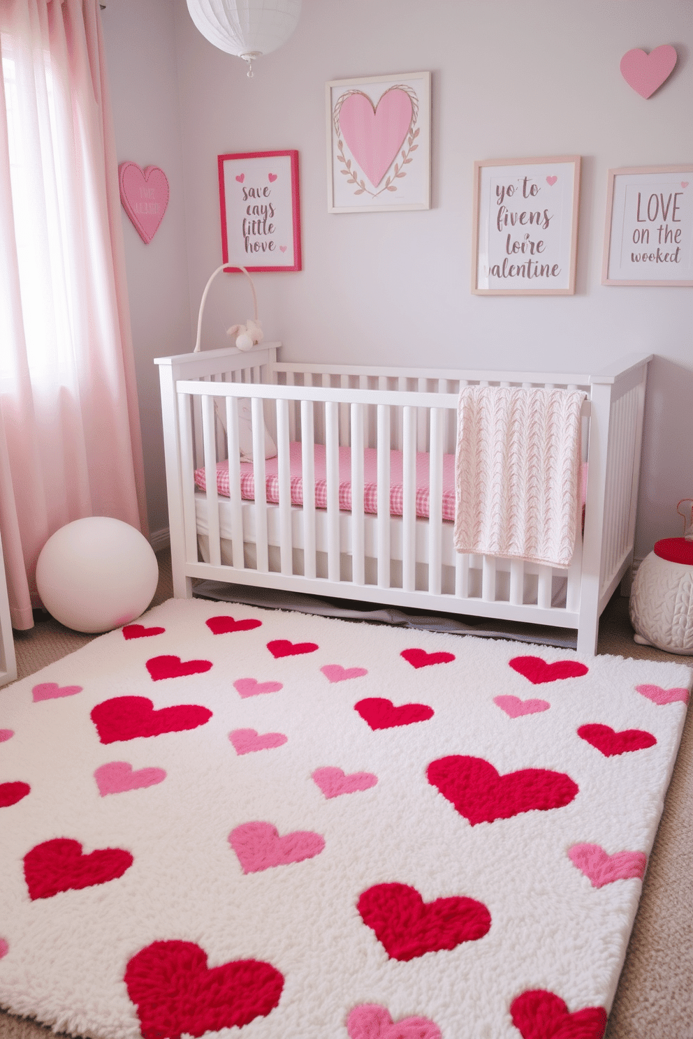 A charming nursery rug adorned with playful hearts in shades of pink and red, perfect for a Valentine-themed room. The soft, plush texture invites little ones to play, while the whimsical design adds a touch of love and warmth to the space. Incorporate Valentine’s Day decorations with soft pastel colors and heart motifs throughout the nursery. Adorn the walls with framed artwork featuring sweet messages and cheerful illustrations, creating a cozy and inviting atmosphere for your little one.