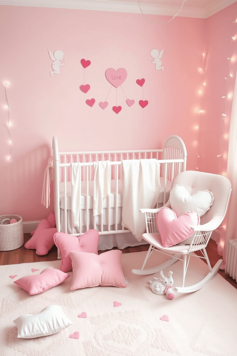 A cozy nursery adorned with heart-shaped cushions scattered across a soft, pastel-colored rug. The walls are painted in a gentle pink hue, and whimsical decorations featuring hearts and cherubs hang above a crib draped in delicate white fabric. A charming Valentine's Day theme is brought to life with playful heart-shaped cushions arranged on a rocking chair. Soft, twinkling fairy lights are strung along the walls, creating a warm and inviting atmosphere perfect for celebrating love in the nursery.