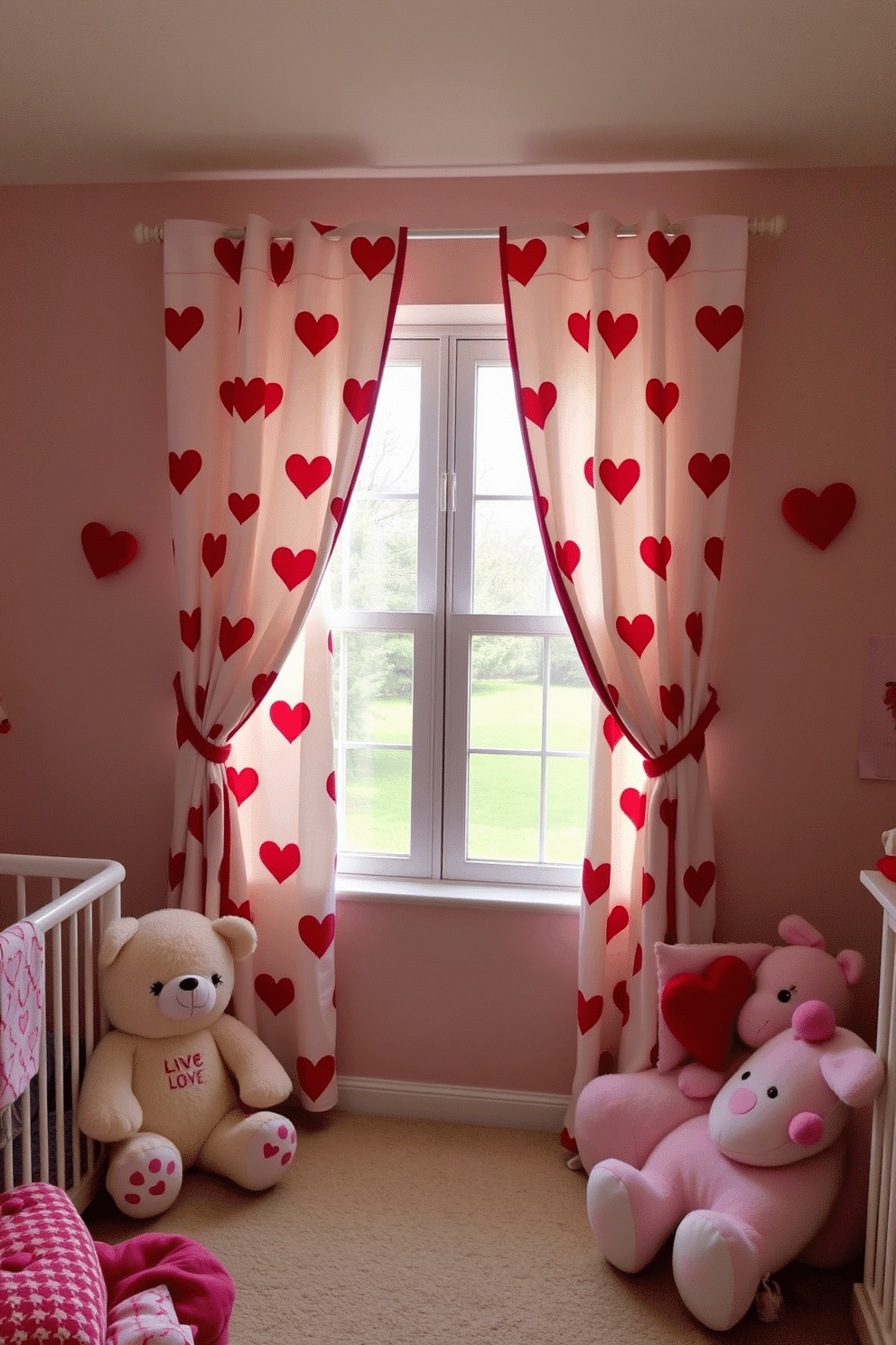 A cozy nursery decorated for Valentine's Day features heart-patterned curtains that softly frame the window, allowing natural light to filter through. The walls are painted in a soft pastel color, creating a warm and inviting atmosphere, while plush toys and heart-themed decor add a playful touch throughout the room.