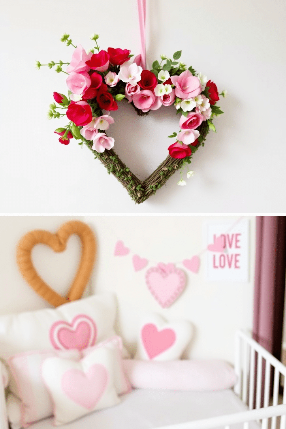 A charming DIY heart-shaped wreath adorned with fresh flowers and greenery. The wreath features vibrant pink and red blooms, interspersed with delicate white accents, creating a festive and inviting atmosphere. A cozy nursery decorated for Valentine's Day, showcasing soft pastel colors and playful heart motifs. Adorable heart-shaped pillows and wall art create a warm and loving environment for little ones.