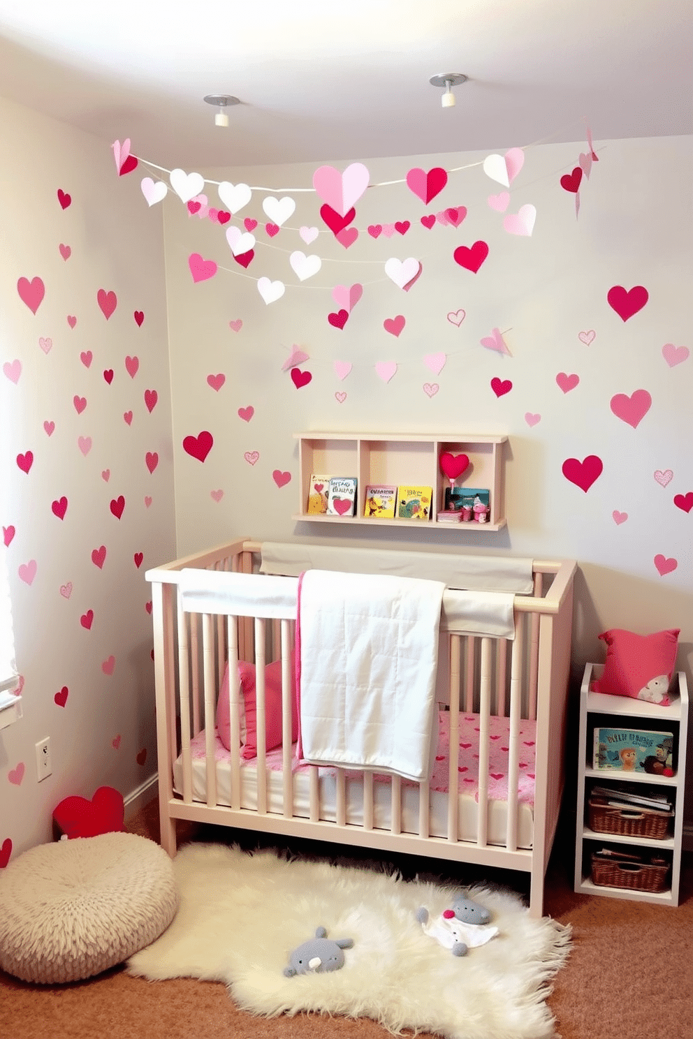 A charming nursery adorned with Valentine-themed wall stickers. The walls feature playful hearts and whimsical designs in soft pastel colors, creating a warm and inviting atmosphere for little ones. Delicate garlands of paper hearts hang above the crib, adding a festive touch. A cozy reading nook is set up with plush cushions and a small bookshelf filled with love-themed children's books.