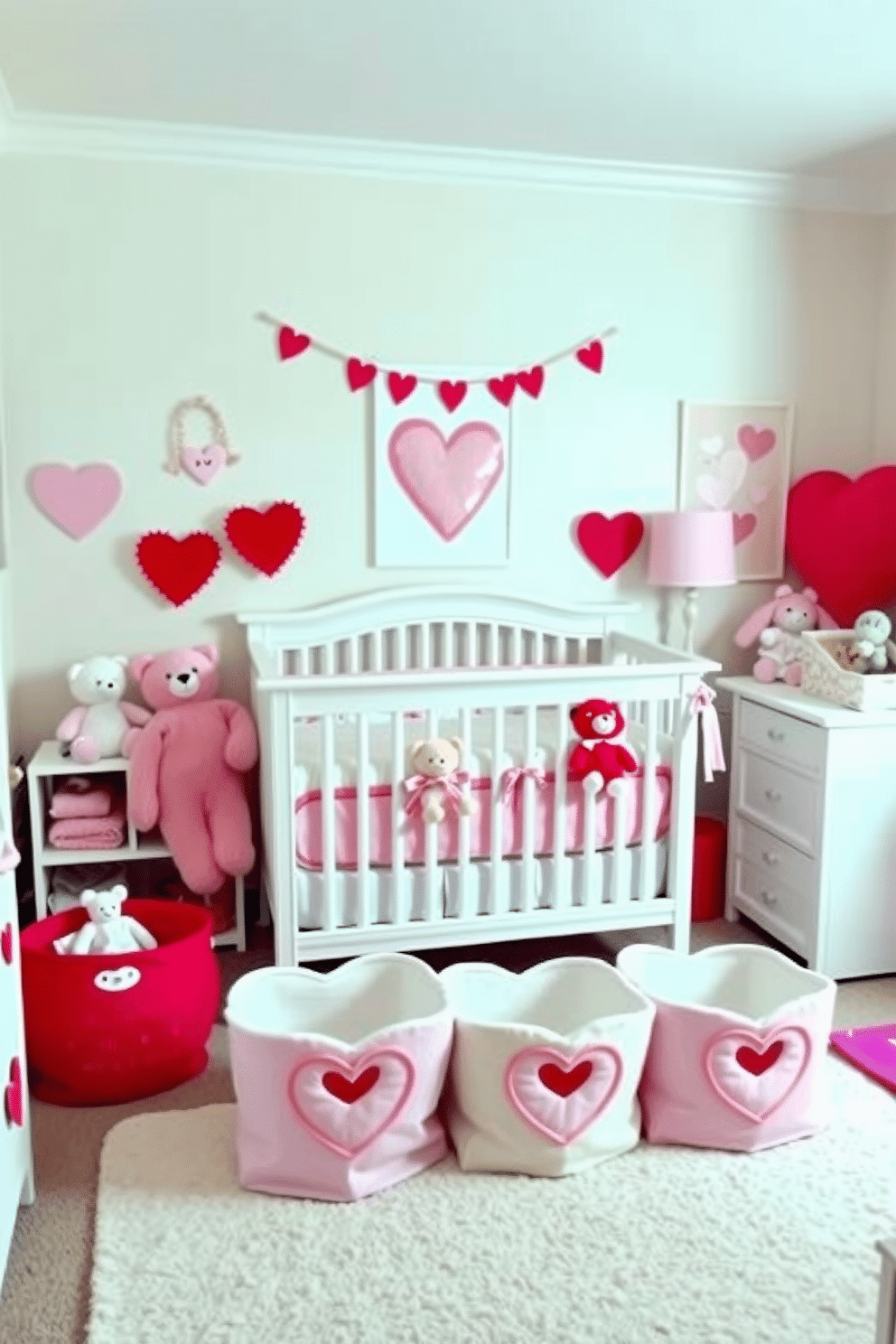 A cozy nursery decorated for Valentine's Day, featuring heart-shaped storage baskets in soft pastel colors. The room is filled with playful accents like heart-themed wall art and plush toys, creating a warm and inviting atmosphere.