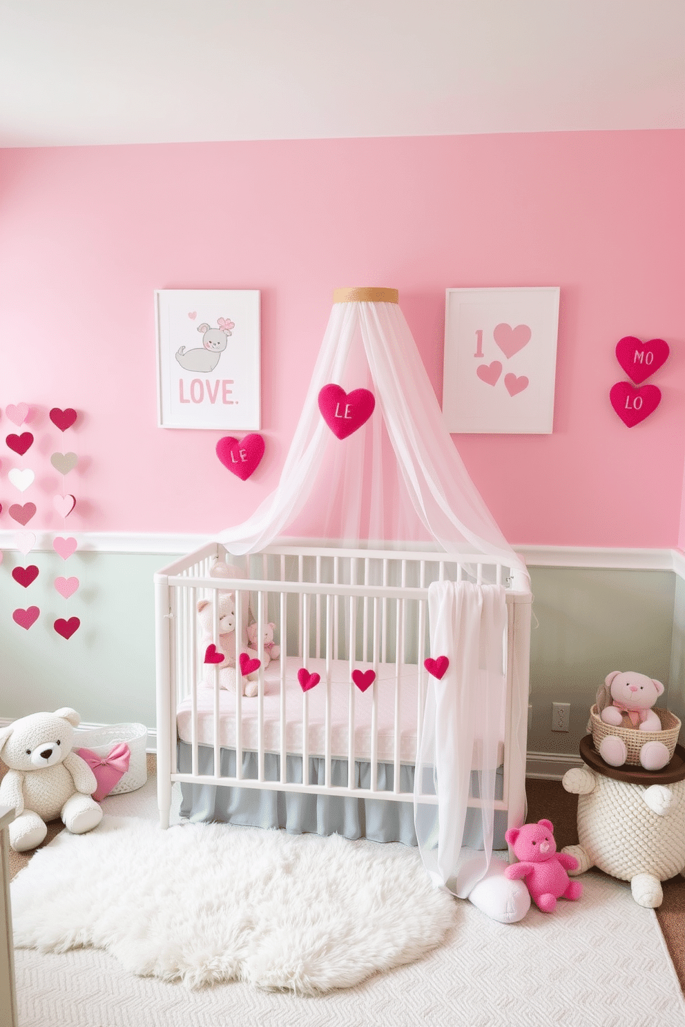 A cozy nursery adorned with love-themed canvas prints featuring pastel colors and whimsical designs. The walls are painted in soft pink and mint green, creating a warm and inviting atmosphere for the little one. A charming Valentine's Day decoration setup with heart-shaped garlands and plush toys scattered around the room. The crib is draped with a delicate white canopy, and a soft, patterned rug adds a touch of comfort to the space.