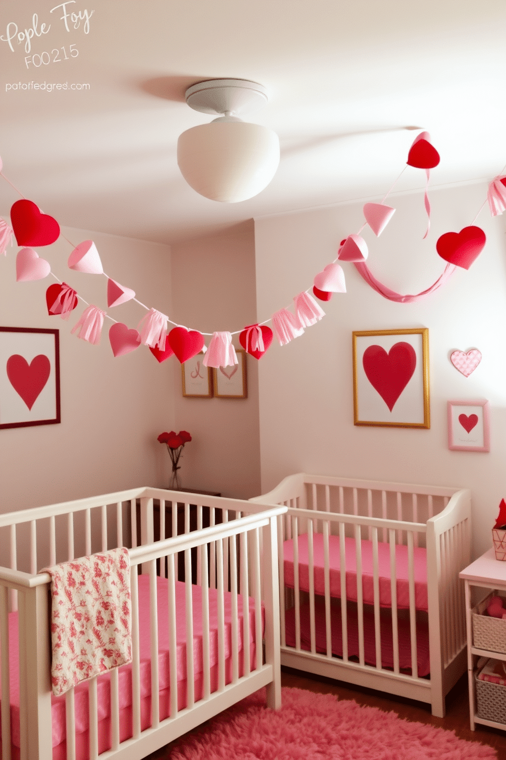 A cozy nursery decorated for Valentine's Day features soft pink and red bunting strung across the ceiling, creating a festive atmosphere. The walls are adorned with heart-themed art, and a plush rug in shades of pink adds warmth to the space.