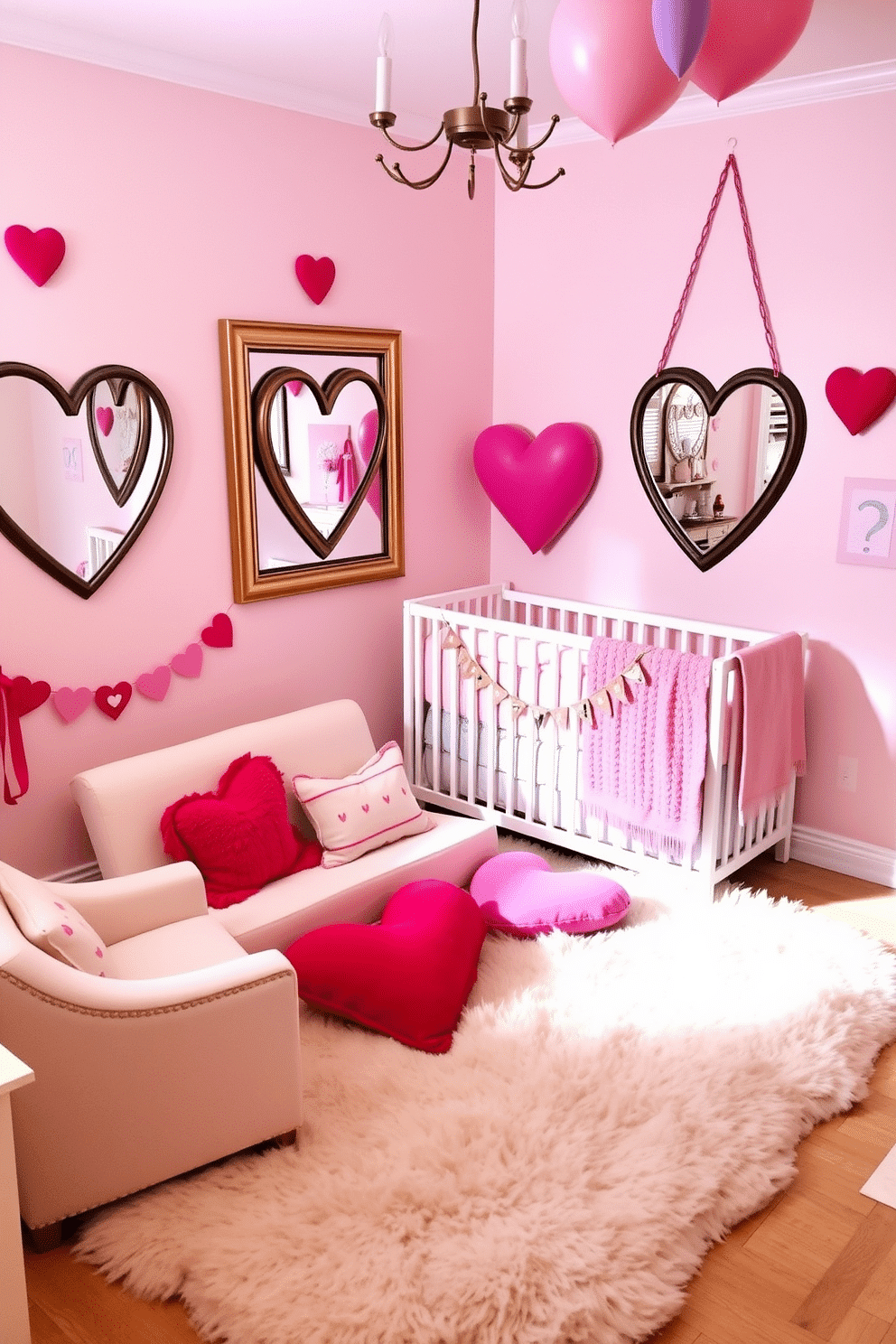 A whimsical nursery adorned for Valentine's Day features heart-shaped mirrors mounted on the walls, reflecting soft pastel colors throughout the room. Cozy seating is arranged around a plush area rug, with playful decorations such as heart-themed cushions and garlands adding a festive touch.