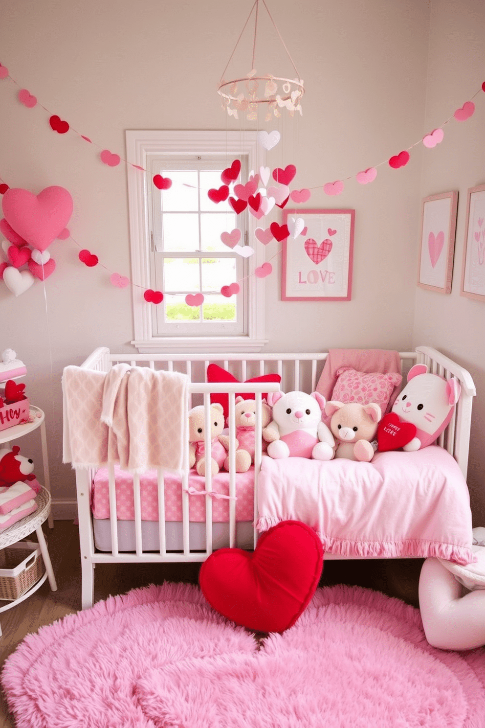 A cozy nursery decorated for Valentine's Day features an array of adorable stuffed animals in shades of pink and red, nestled among soft pastel blankets. Heart-shaped pillows and whimsical wall art add a playful touch, creating a warm and inviting atmosphere perfect for celebrating love. The room is adorned with delicate garlands of paper hearts draped across the crib and window, enhancing the festive theme. A charming mobile with hanging hearts sways gently above, while a plush rug in the shape of a heart anchors the space, inviting little ones to play.