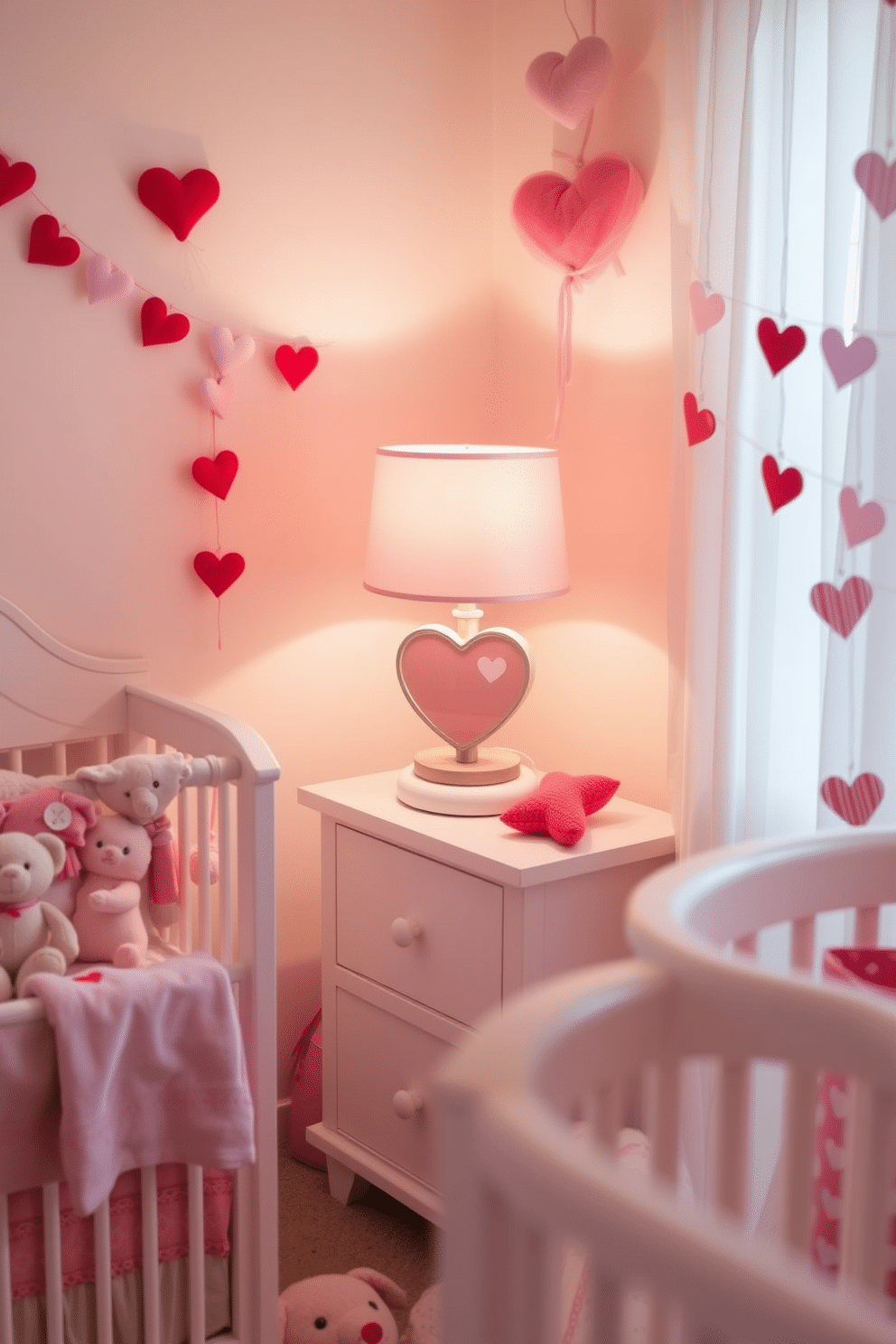 A heart-shaped table lamp sits elegantly on a white nightstand, casting a warm glow across the room. The soft pink shade complements the nursery's pastel color palette, creating a cozy and inviting atmosphere. For Valentine's Day, the nursery is adorned with whimsical decorations, including heart-themed garlands and plush toys. Delicate pink and red accents are scattered throughout, enhancing the love-filled ambiance perfect for the holiday.