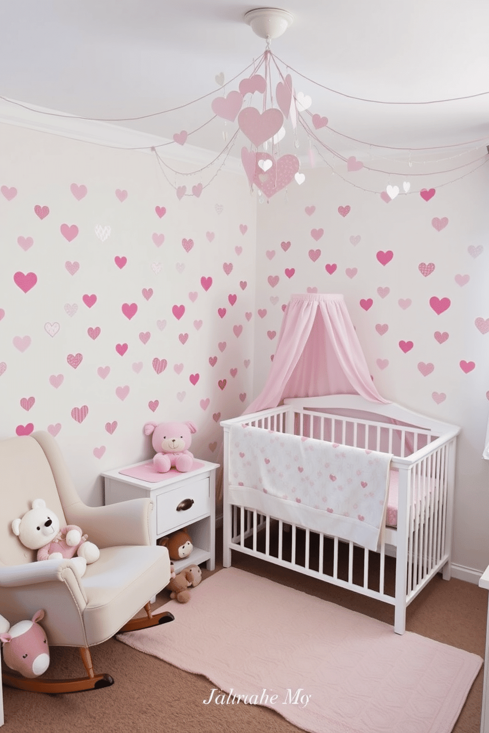 A cozy nursery adorned with heart-patterned wall stencils in soft pastel colors. The stencils create a playful yet elegant atmosphere, perfect for a Valentine's Day theme, complemented by plush toys and a comfortable rocking chair. Delicate garlands of paper hearts hang from the ceiling, adding a whimsical touch to the room. A changing table with a soft, heart-themed cover sits next to a crib draped in a light pink canopy, creating a nurturing space for your little one.