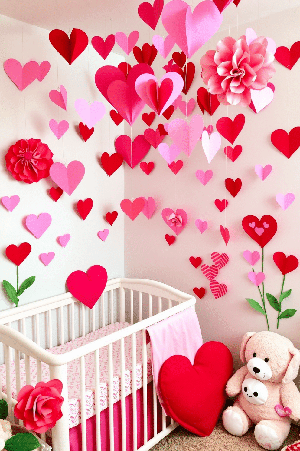 A charming nursery decorated for Valentine's Day features an array of DIY heart-shaped paper flowers in vibrant pinks and reds. These whimsical flowers are artfully arranged on the walls and suspended from the ceiling, creating a playful and romantic atmosphere. The nursery is adorned with soft pastel colors, with a cozy crib nestled in the corner. Plush toys and heart-themed accents complement the decor, making it a perfect space for celebrating love and creativity.