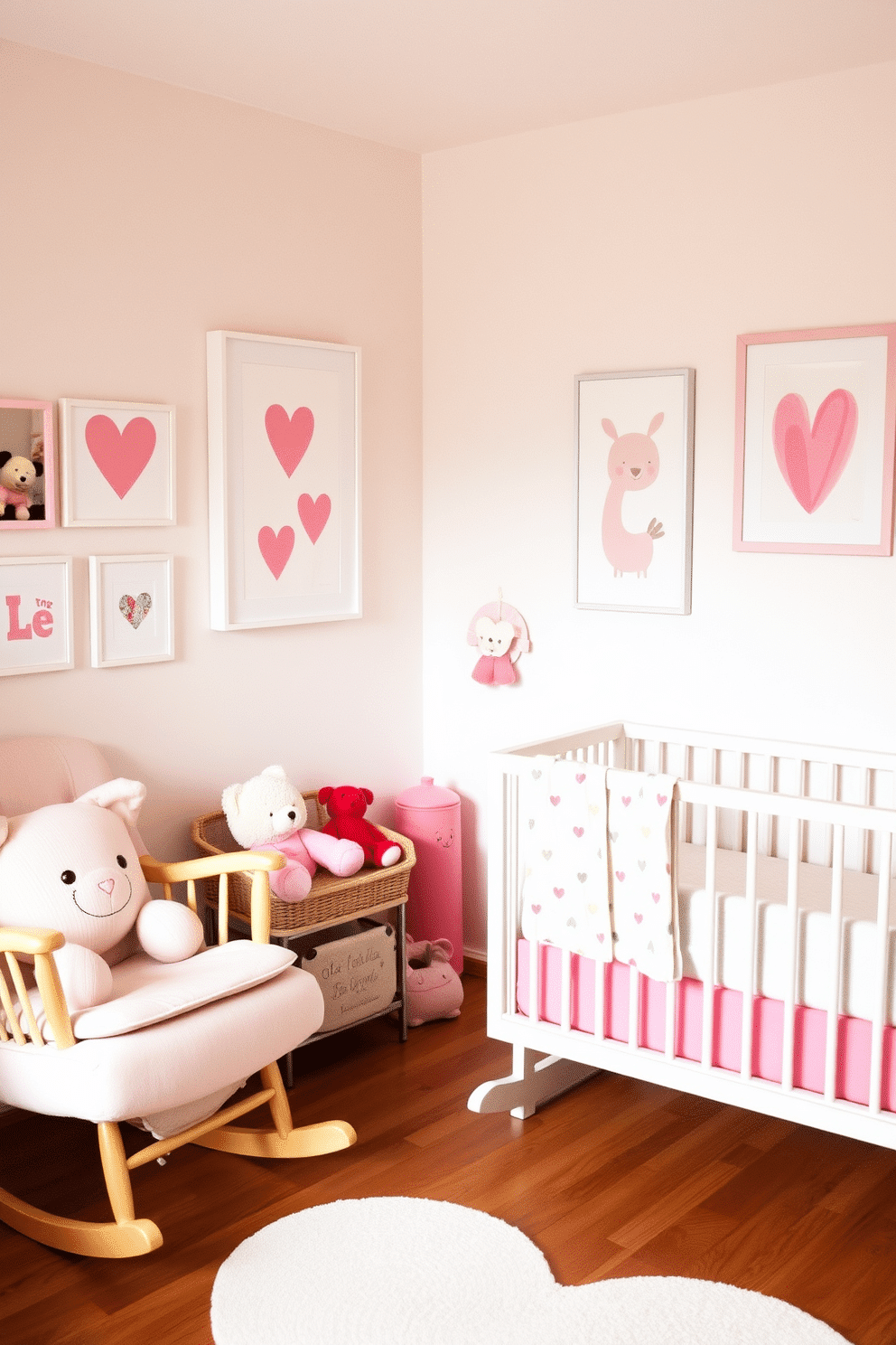 A whimsical nursery filled with love-themed prints. The walls are adorned with pastel-colored artwork featuring hearts and playful animals, creating a warm and inviting atmosphere. Soft, plush toys in shades of pink and red are scattered throughout the room. A cozy rocking chair in the corner provides a perfect spot for reading bedtime stories, while a heart-patterned rug adds a touch of charm to the wooden floor.