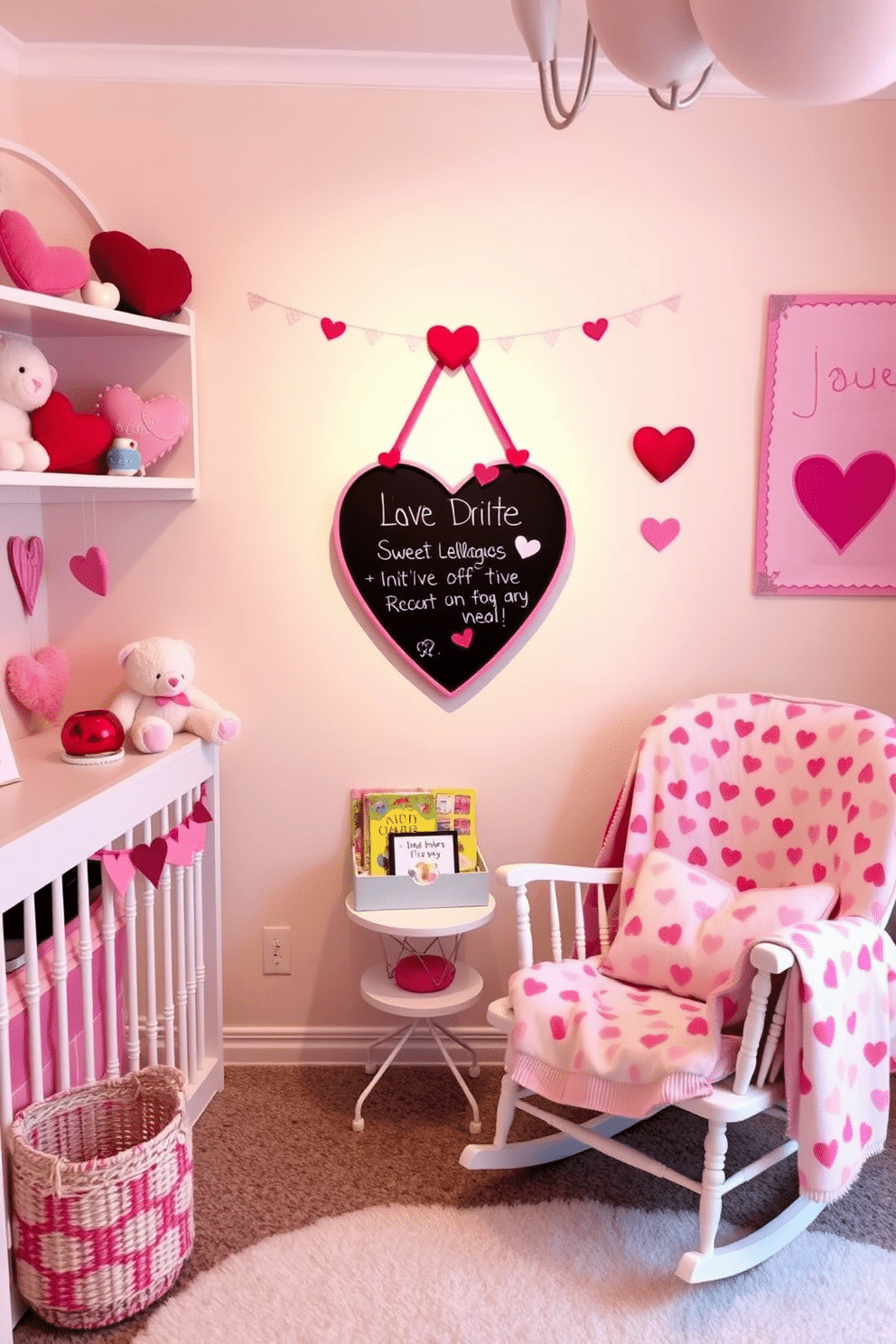 A charming nursery decorated for Valentine's Day features a heart-shaped chalkboard mounted on the wall, inviting sweet messages and drawings. Surrounding the chalkboard, soft pastel colors dominate the decor, with plush toys and heart-themed wall art enhancing the cozy atmosphere. The room includes a comfortable rocking chair draped with a heart-patterned throw, creating a perfect reading nook. A small table adorned with heart-shaped decorations holds a collection of children's books, adding to the festive yet nurturing environment.