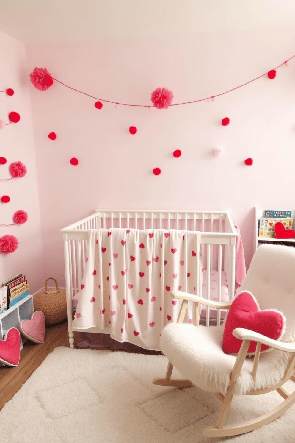 A whimsical nursery setting decorated for Valentine's Day features a soft pastel color palette. The walls are adorned with playful red and pink pom-poms, creating a festive and cheerful atmosphere. In the center, a cozy crib is draped with a lightweight, heart-patterned blanket. Nearby, a plush rocking chair invites quiet moments, surrounded by heart-shaped cushions and a small bookshelf filled with colorful children's books.