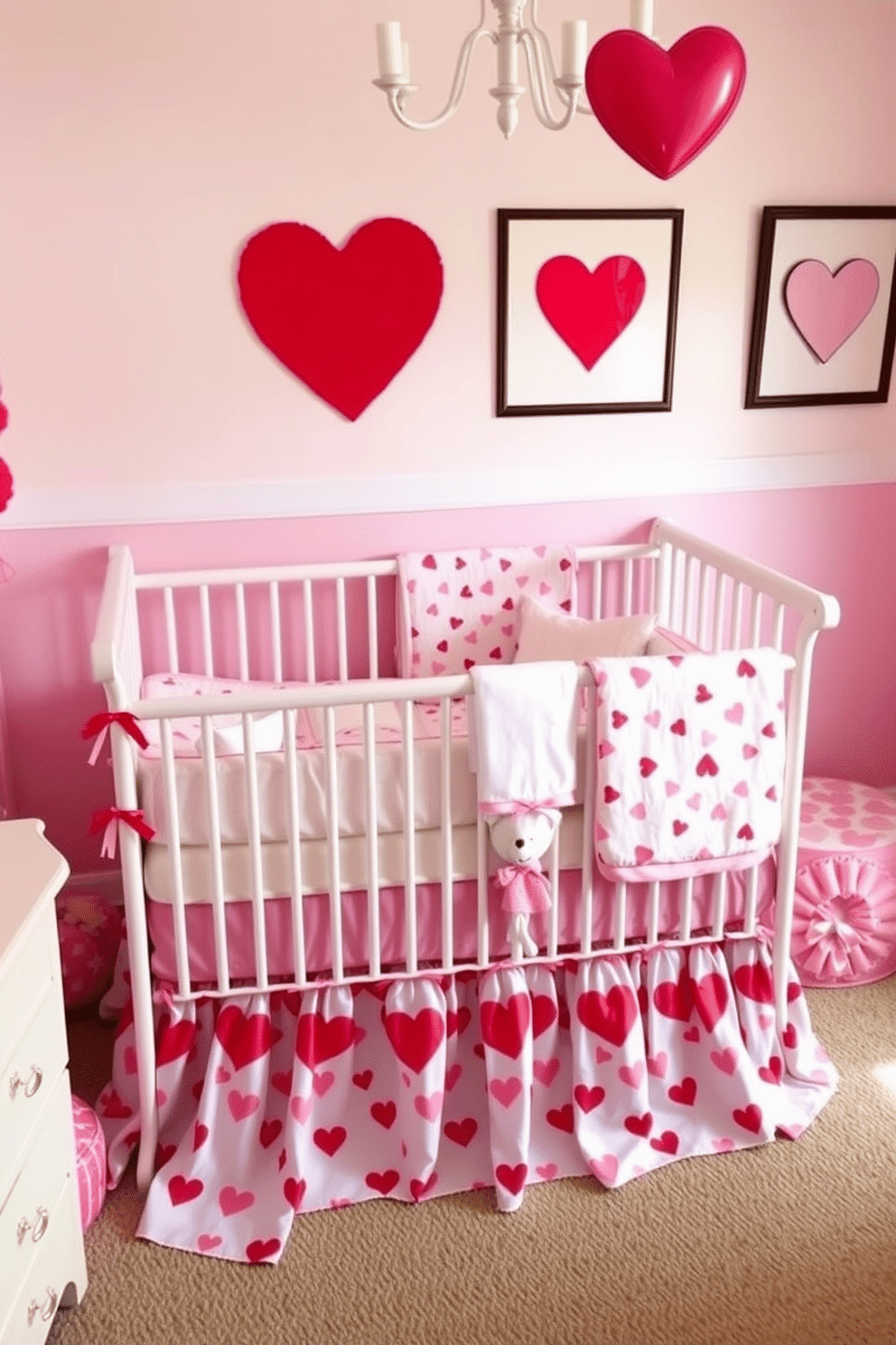 A charming nursery decorated for Valentine's Day features a heart-patterned crib skirt that adds a playful yet elegant touch. The room is adorned with soft pastel colors, including pink and white walls, and playful heart motifs on the bedding and wall art.