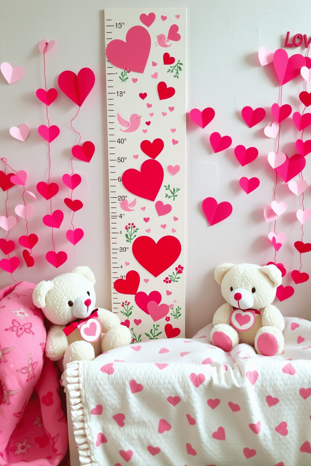 A whimsical growth chart adorned with hearts and cupids, featuring a soft pastel color palette of pinks and reds. The design includes playful illustrations of lovebirds and flowers, creating a cheerful atmosphere perfect for a nursery. Delicate garlands of paper hearts drape across the walls, complemented by plush teddy bears holding Valentine cards. Soft, cozy blankets with heart patterns are scattered around, inviting warmth and comfort for little ones during this festive season.