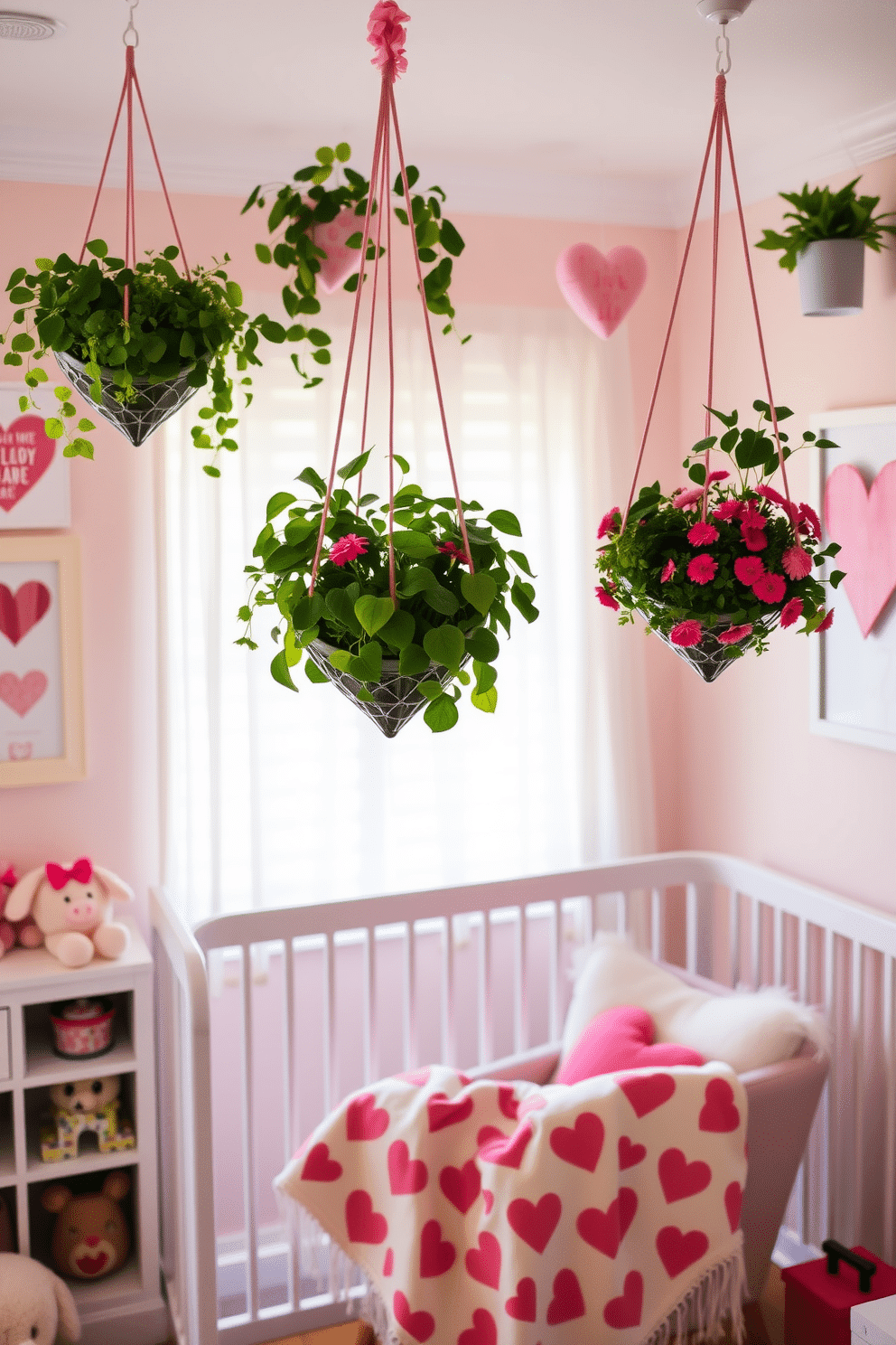 A charming nursery adorned with heart-shaped hanging planters, each filled with lush greenery and vibrant flowers. The planters dangle from the ceiling, creating a whimsical atmosphere perfect for celebrating Valentine's Day. Soft pastel colors dominate the decor, with heart-themed wall art and plush toys scattered throughout the room. A cozy reading nook features a heart-patterned blanket draped over a comfortable chair, inviting little ones to settle in with a story.