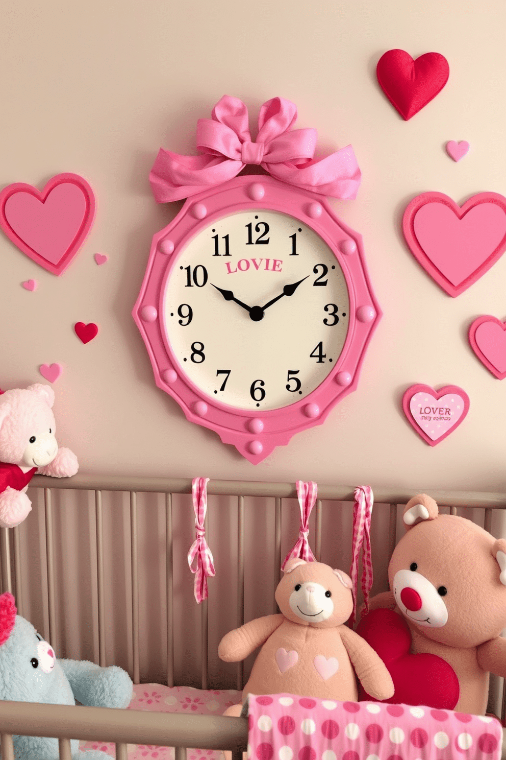 A whimsical nursery decorated for Valentine's Day, featuring a love-themed clock on the wall. The clock is heart-shaped and adorned with pastel colors, surrounded by soft plush toys and heart-patterned wall art.