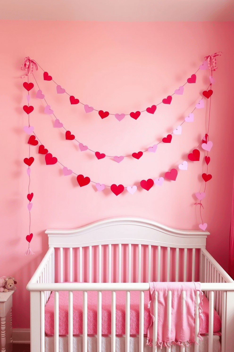 A charming nursery adorned with a heart garland hanging gracefully above a crib. The walls are painted in soft pastel colors, creating a warm and inviting atmosphere perfect for celebrating Valentine's Day.