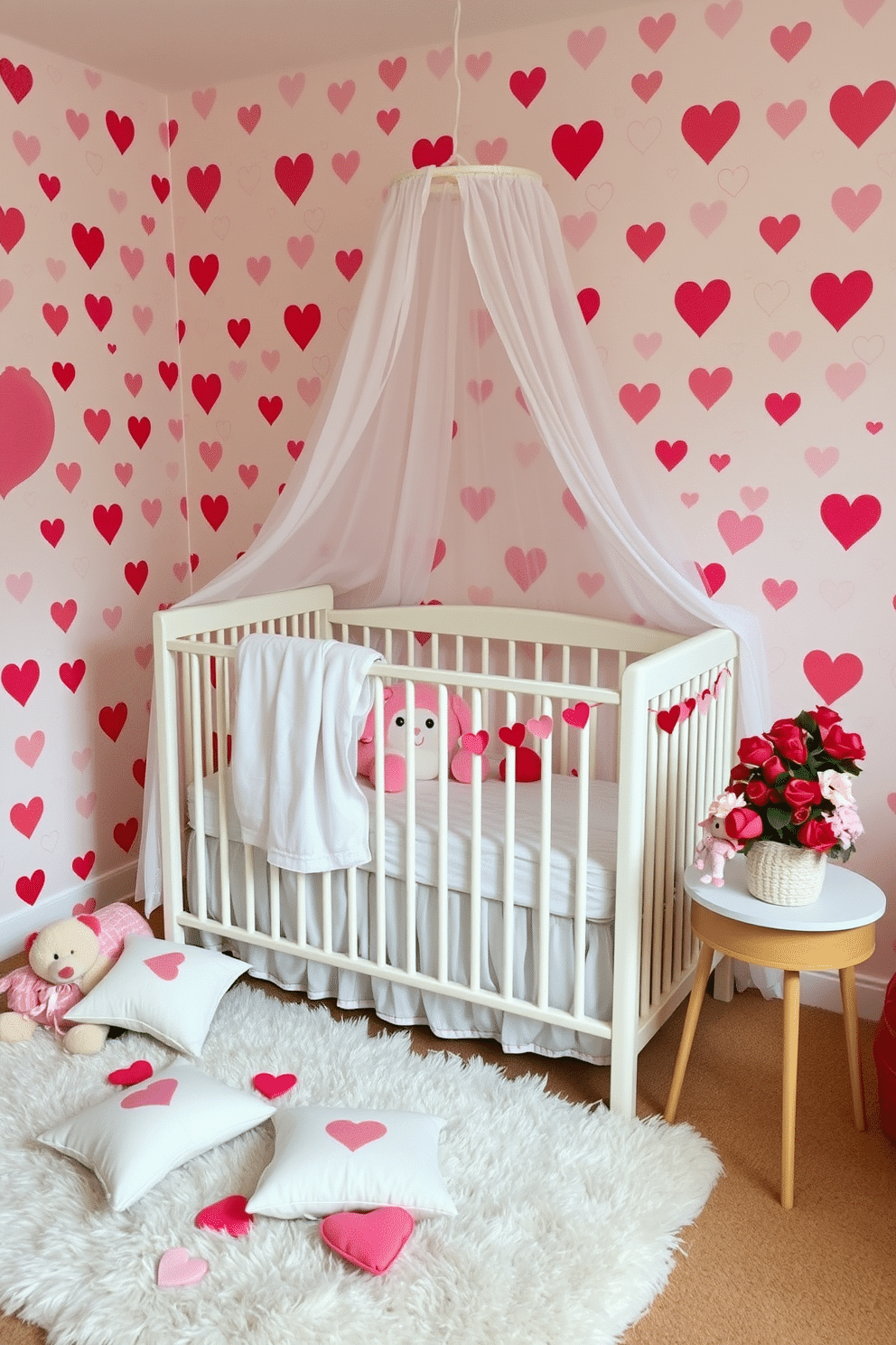 A charming nursery adorned with heart-patterned wallpaper in soft pastel colors creates a warm and inviting atmosphere. The walls are decorated with various heart motifs, complementing a cozy crib draped in a white canopy and surrounded by plush toys. For Valentine's Day, the nursery features whimsical decorations such as heart-shaped garlands and cushions scattered on a plush rug. A small table displays a sweet arrangement of red and pink flowers, enhancing the festive spirit while keeping the space playful and nurturing.