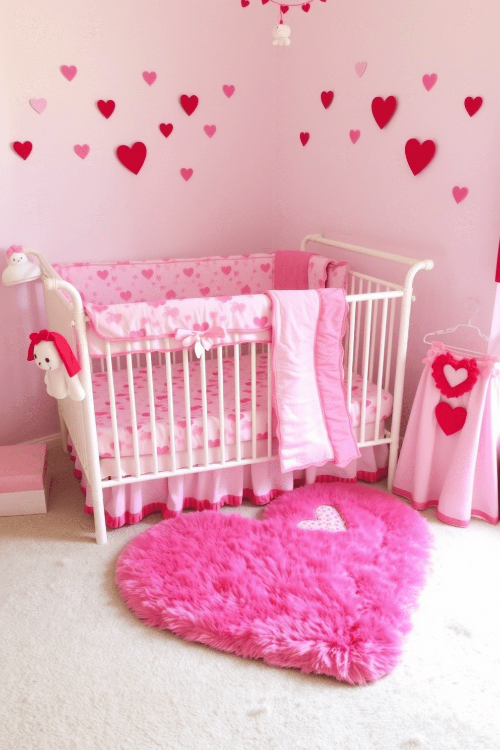 A charming nursery adorned with Valentine-themed crib bedding featuring soft pinks and reds. The bedding includes heart-patterned sheets and a plush quilt, creating a cozy and inviting atmosphere for a baby's room. The walls are painted in a gentle pastel hue, with whimsical heart decals scattered throughout. A plush area rug in the shape of a heart lies beneath the crib, adding a playful touch to the decor.