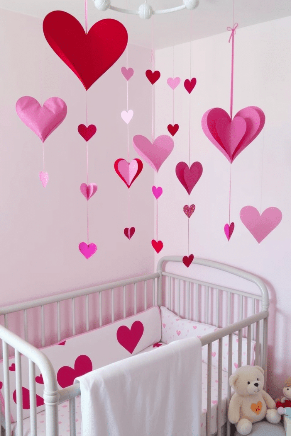 A charming nursery decorated for Valentine's Day features DIY heart-shaped mobiles hanging from the ceiling, made of colorful paper and string. Soft pastel colors dominate the room, with a cozy crib adorned with heart-patterned bedding and plush toys arranged nearby.