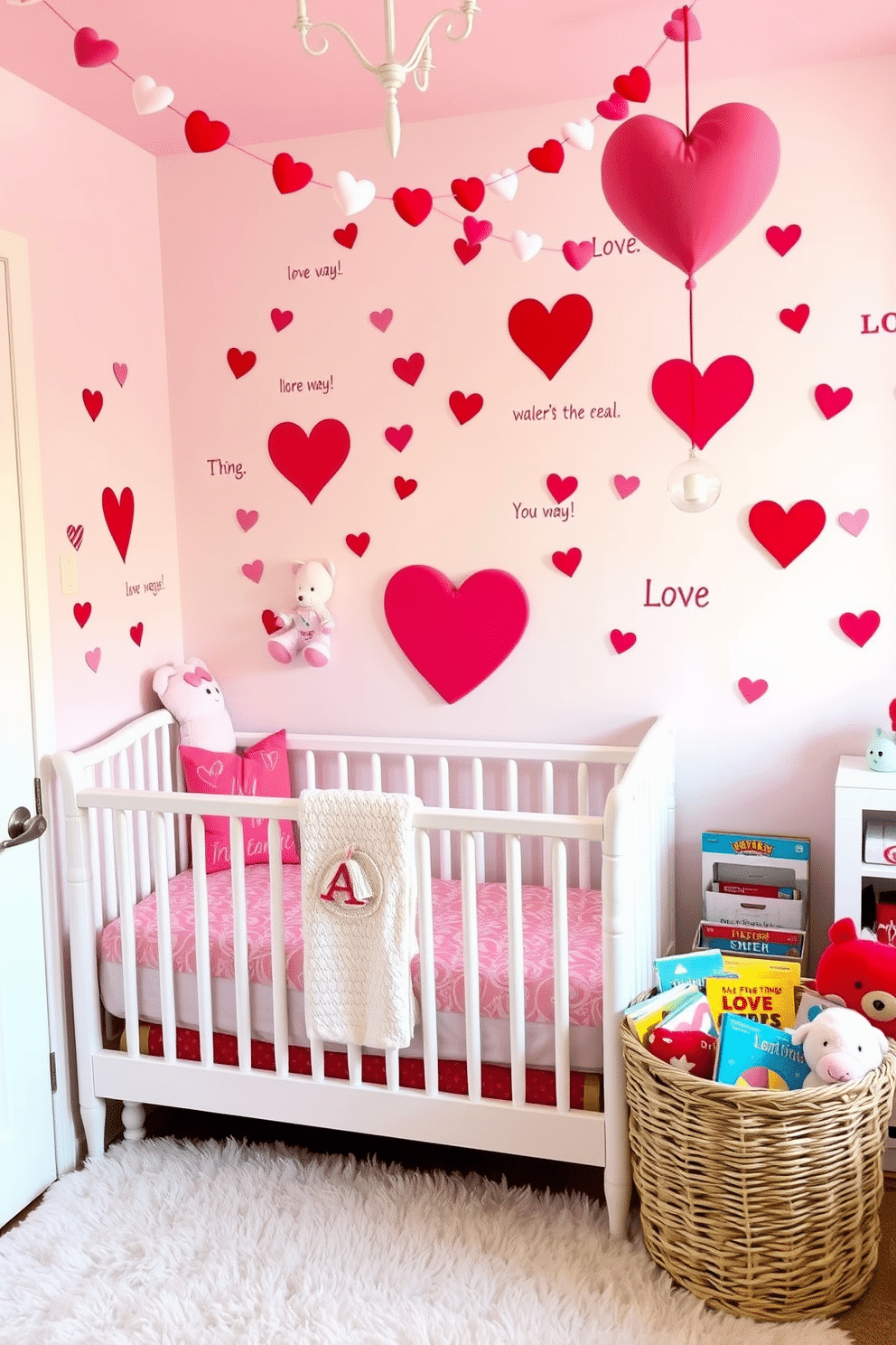 A whimsical nursery adorned with love-themed wall decals featuring hearts and playful phrases. The walls are painted in soft pastel colors, creating a warm and inviting atmosphere for a baby's room. For Valentine's Day, the nursery is decorated with charming garlands of hearts and plush stuffed animals. A cozy reading nook is set up with a plush rug and a basket filled with colorful children's books, enhancing the festive spirit.