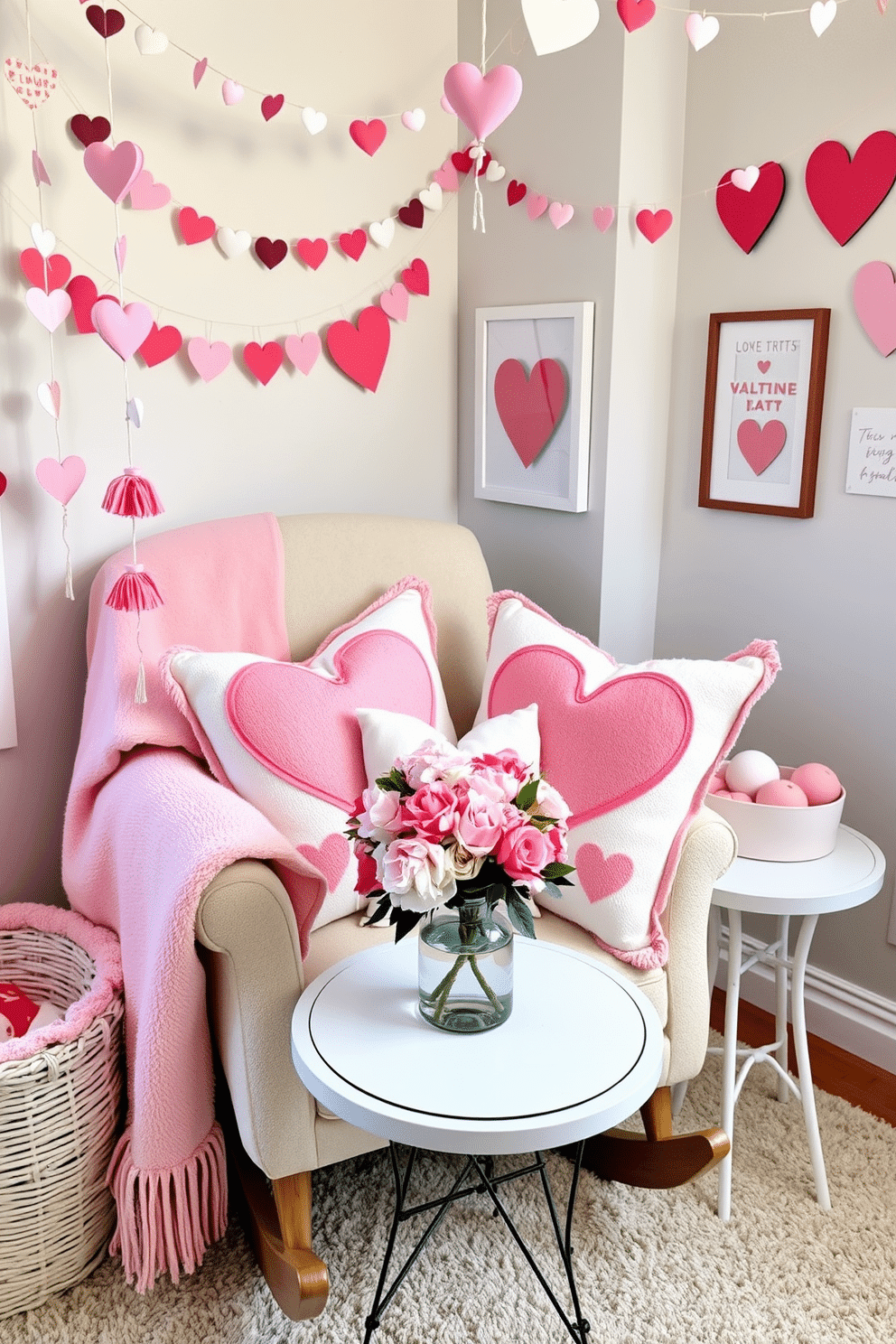 A cozy nursery adorned with heart-patterned throw pillows in soft pastel colors, creating a playful yet soothing atmosphere. The pillows are arranged on a plush rocking chair, complemented by a gentle pink throw blanket draped over the armrest. Valentine's Day decorations bring a whimsical touch to the nursery, featuring heart-shaped garlands hanging from the ceiling and whimsical wall art. A small table displays a charming centerpiece of fresh flowers in a heart-shaped vase, enhancing the festive spirit while maintaining a nurturing environment.