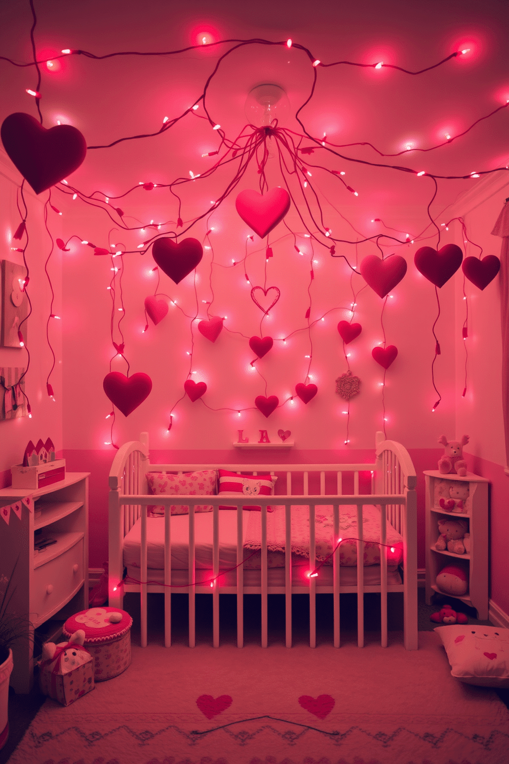 A whimsical nursery adorned with red and pink fairy lights, creating a warm and inviting atmosphere. Soft pastel colors dominate the walls, while heart-shaped decorations hang from the ceiling, enhancing the Valentine's Day theme.