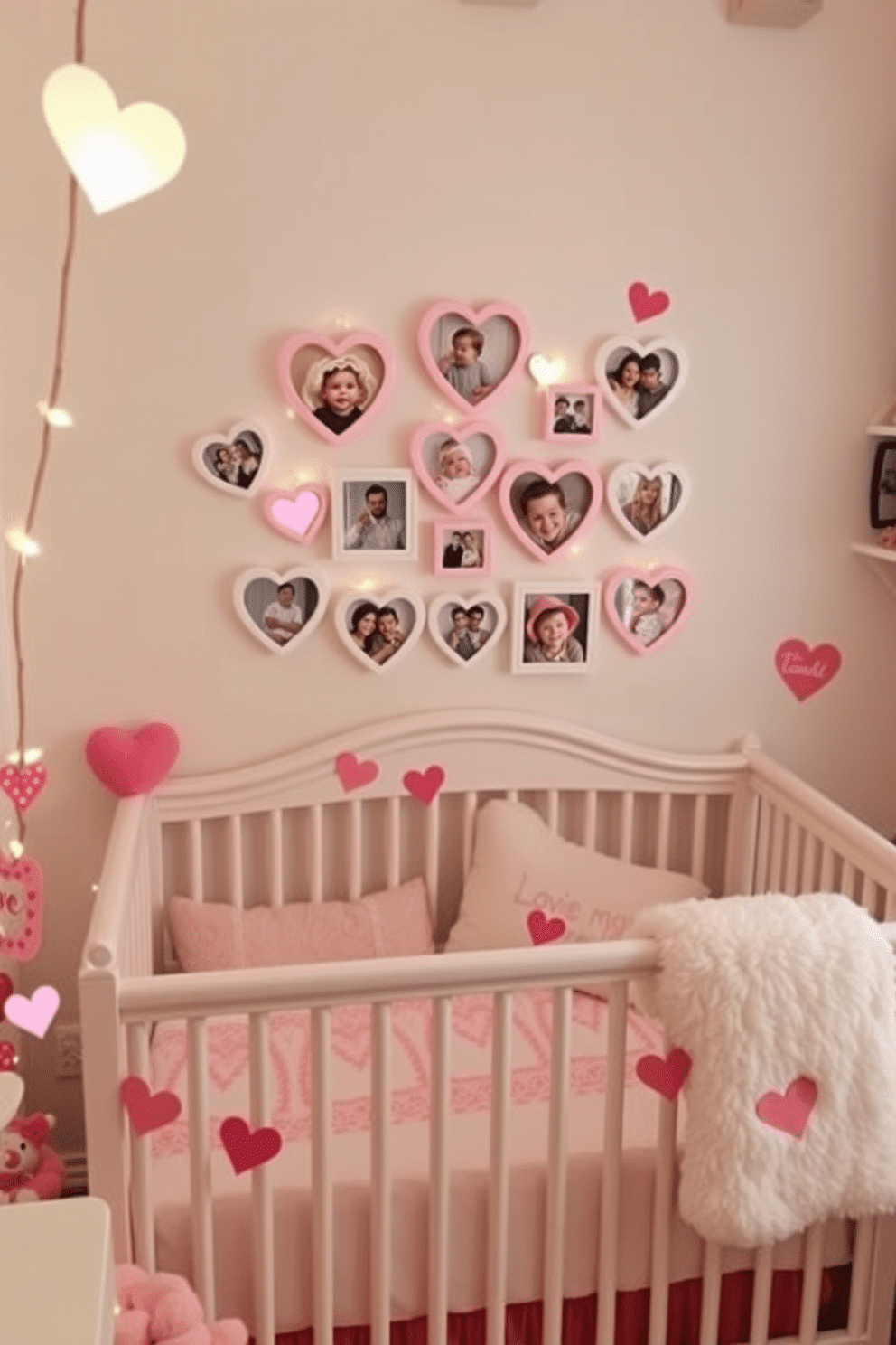 A charming nursery adorned with heart-shaped photo frames displaying cherished memories. The frames are arranged in a playful collage above a cozy crib, surrounded by soft pastel colors and whimsical decor. For Valentine's Day, the nursery is decorated with heart-themed accents, including plush pillows and a garland of paper hearts. A gentle glow from fairy lights adds a warm ambiance, creating a loving atmosphere for both parents and their little one.