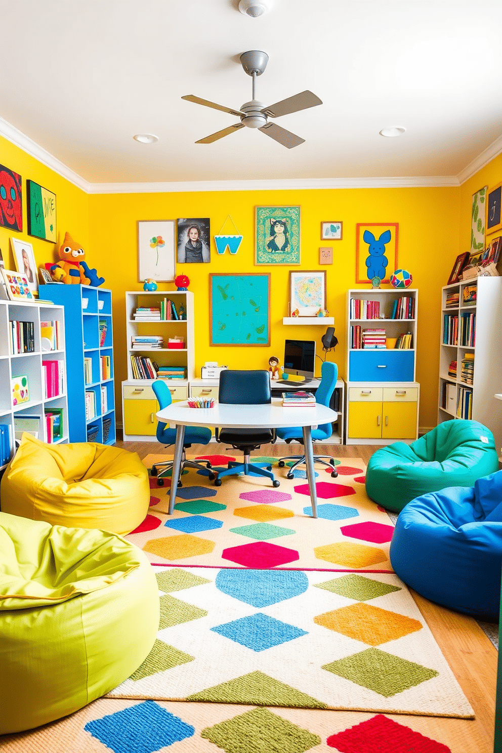 A vibrant office playroom filled with bright colors and playful energy. The walls are painted in a cheerful yellow, and colorful art pieces adorn the space, inspiring creativity. A large, multi-functional desk sits in the center, surrounded by bean bag chairs in various shades of blue and green. A whimsical rug with geometric patterns adds comfort underfoot, while shelves filled with books and toys create an inviting atmosphere.