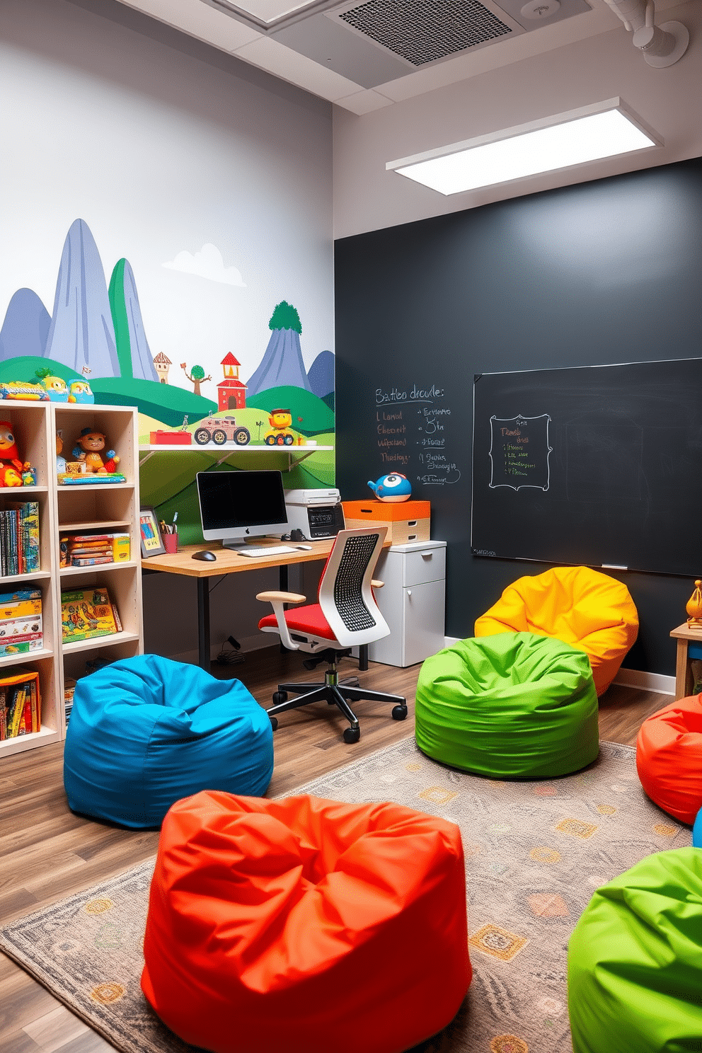 A vibrant office playroom that blends productivity with creativity, featuring a large, colorful mural of a whimsical landscape on one wall. The workspace includes a modern desk with a playful ergonomic chair, surrounded by shelves filled with toys and games to inspire imagination. Brightly colored bean bags are scattered around the room, providing cozy seating for relaxation and brainstorming sessions. A chalkboard wall offers a space for doodling and jotting down ideas, while a playful rug adds warmth and texture to the floor.