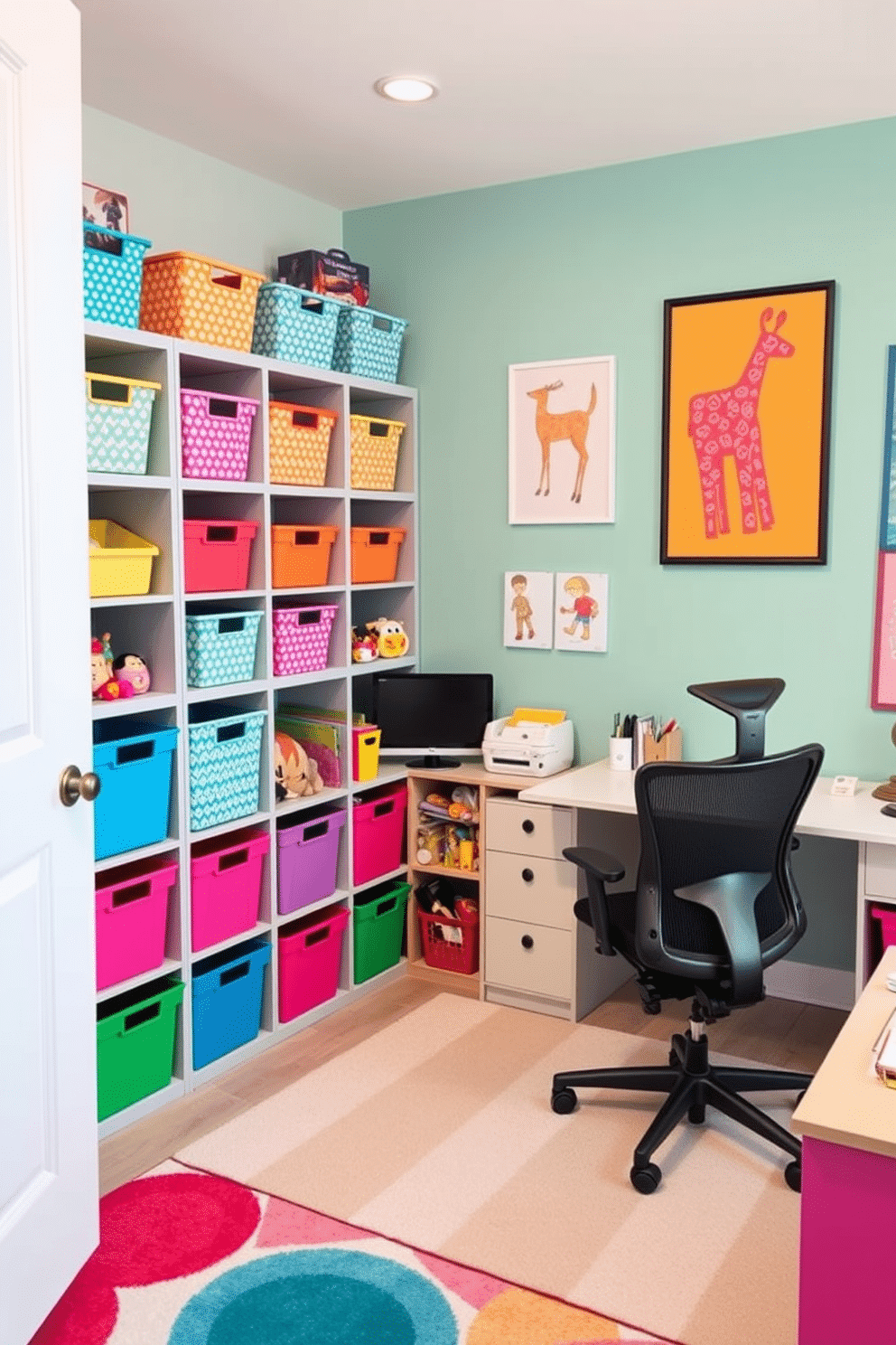 A vibrant office playroom designed for creativity and organization. The space features colorful decorative bins in various sizes, neatly arranged on shelves to store toys and art supplies. A large, comfortable desk sits in one corner, accompanied by a stylish ergonomic chair. The walls are painted in a cheerful pastel hue, and playful artwork adorns the space, inspiring imagination and productivity.