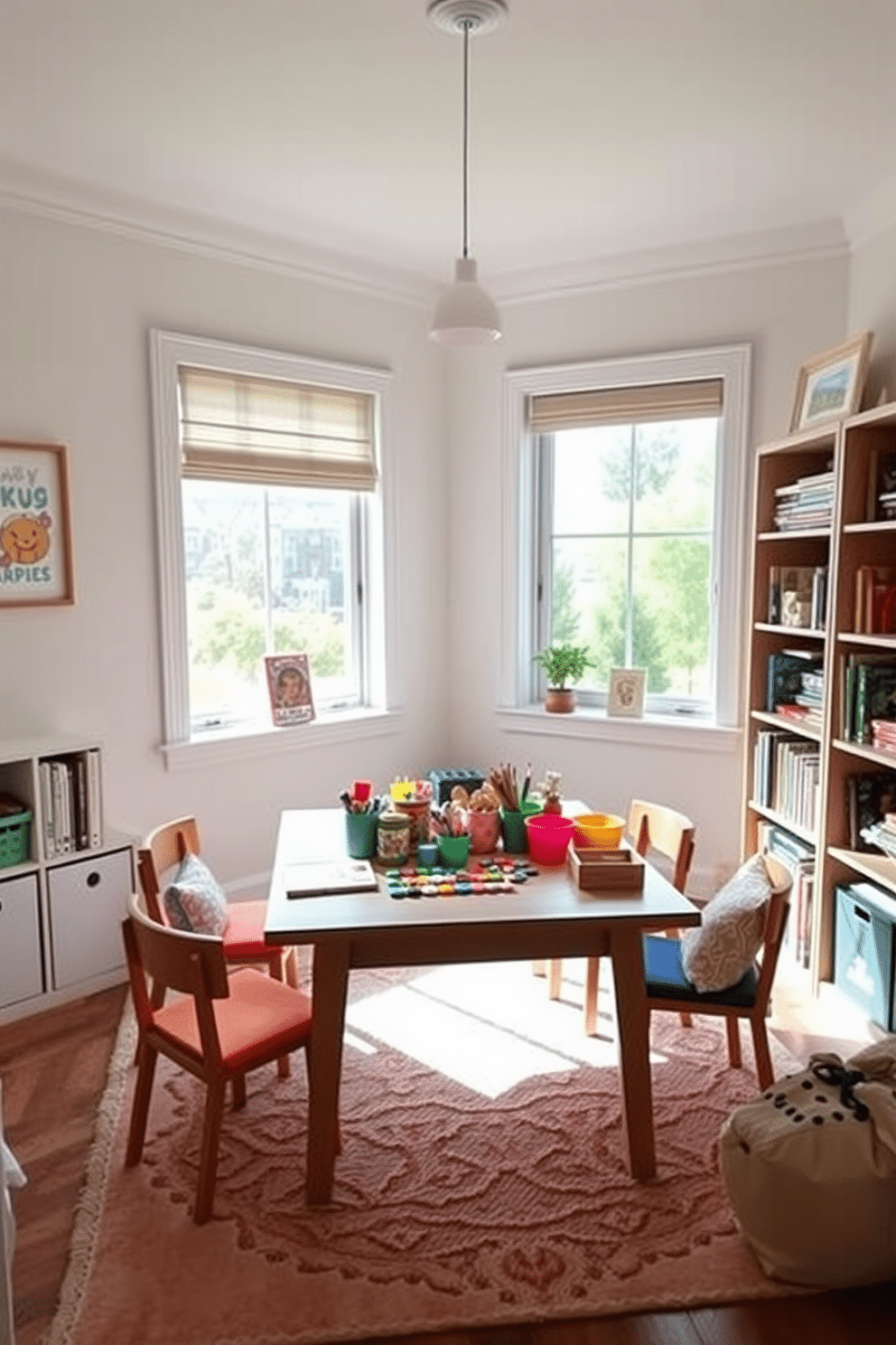 A cozy office playroom designed for creativity and productivity features a small wooden table surrounded by colorful, cushioned chairs. The walls are painted in a soft pastel hue, adorned with playful artwork, and a large window allows natural light to flood the space, creating an inviting atmosphere. On the table, an array of craft supplies is neatly organized in vibrant containers, encouraging imaginative projects. A comfortable rug lies beneath the table, adding warmth, while shelves filled with books and games provide inspiration and entertainment options for all ages.