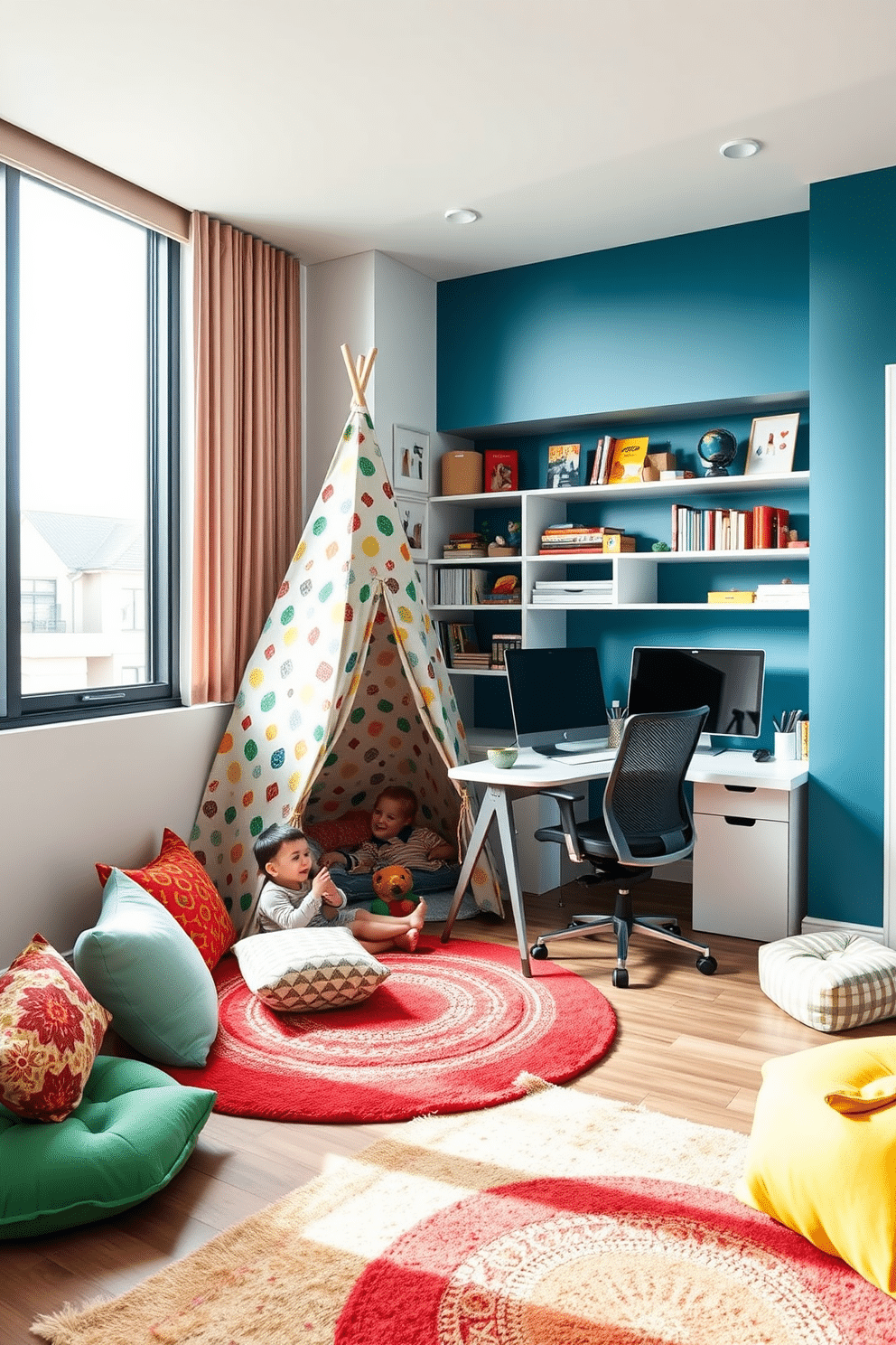 A vibrant playroom designed for creativity and fun features a cozy corner with a whimsical play tent adorned in colorful patterns, inviting children to explore their imagination. The space is filled with soft rugs, playful cushions, and shelves stocked with books and toys, creating an engaging environment for both play and learning. Adjacent to the play area, a stylish office nook is seamlessly integrated, featuring a sleek desk with modern storage solutions and an ergonomic chair. Natural light floods the area through large windows, enhancing productivity while maintaining a playful atmosphere for family interaction.