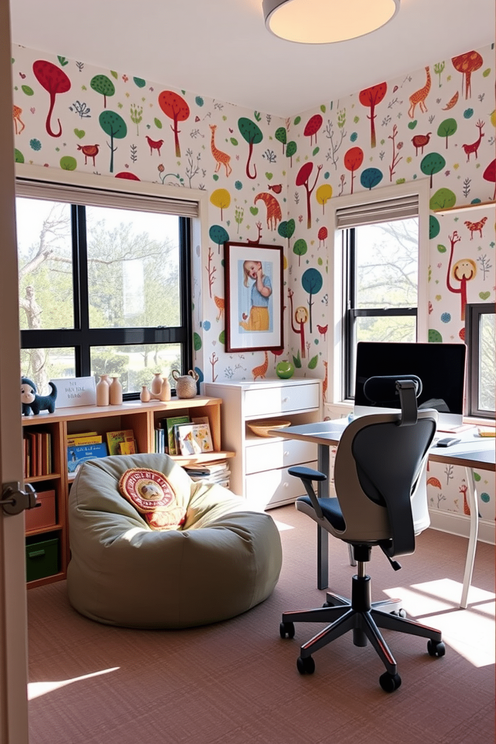 A vibrant office playroom featuring playful wallpaper adorned with whimsical patterns of animals and trees. The space includes a cozy reading nook with a plush bean bag chair and a small bookshelf filled with colorful children's books. In one corner, a spacious desk with a fun, ergonomic chair encourages creativity and productivity. Large windows allow natural light to flood the room, enhancing the cheerful atmosphere and making it a perfect space for both work and play.