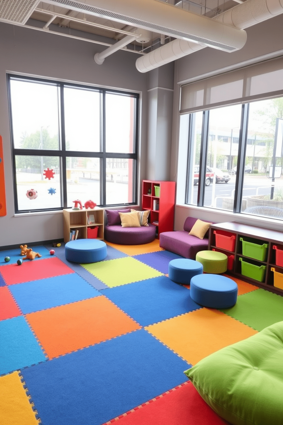 A vibrant sensory play area designed for an office playroom, featuring colorful soft mats and plush seating that invite creativity and exploration. The walls are adorned with interactive panels and sensory toys, while natural light floods the space through large windows, creating an uplifting atmosphere. In one corner, a cozy reading nook with oversized cushions and a small bookshelf encourages quiet time and imagination. Brightly colored storage bins are neatly organized along the walls, providing easy access to various sensory materials and toys for children to engage with.