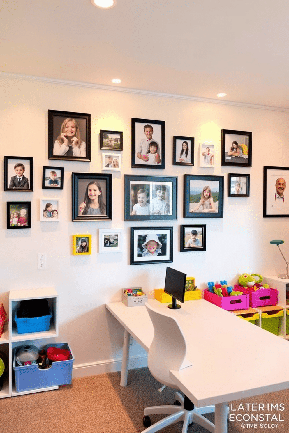 A family photo gallery wall that showcases a variety of framed pictures in different sizes and styles. The wall is painted in a soft, neutral color to enhance the visual impact of the photos, with warm lighting highlighting each frame. An office playroom design that combines functionality and fun, featuring a modern desk with ergonomic seating. The space includes colorful storage solutions for toys and supplies, along with playful artwork that inspires creativity and productivity.