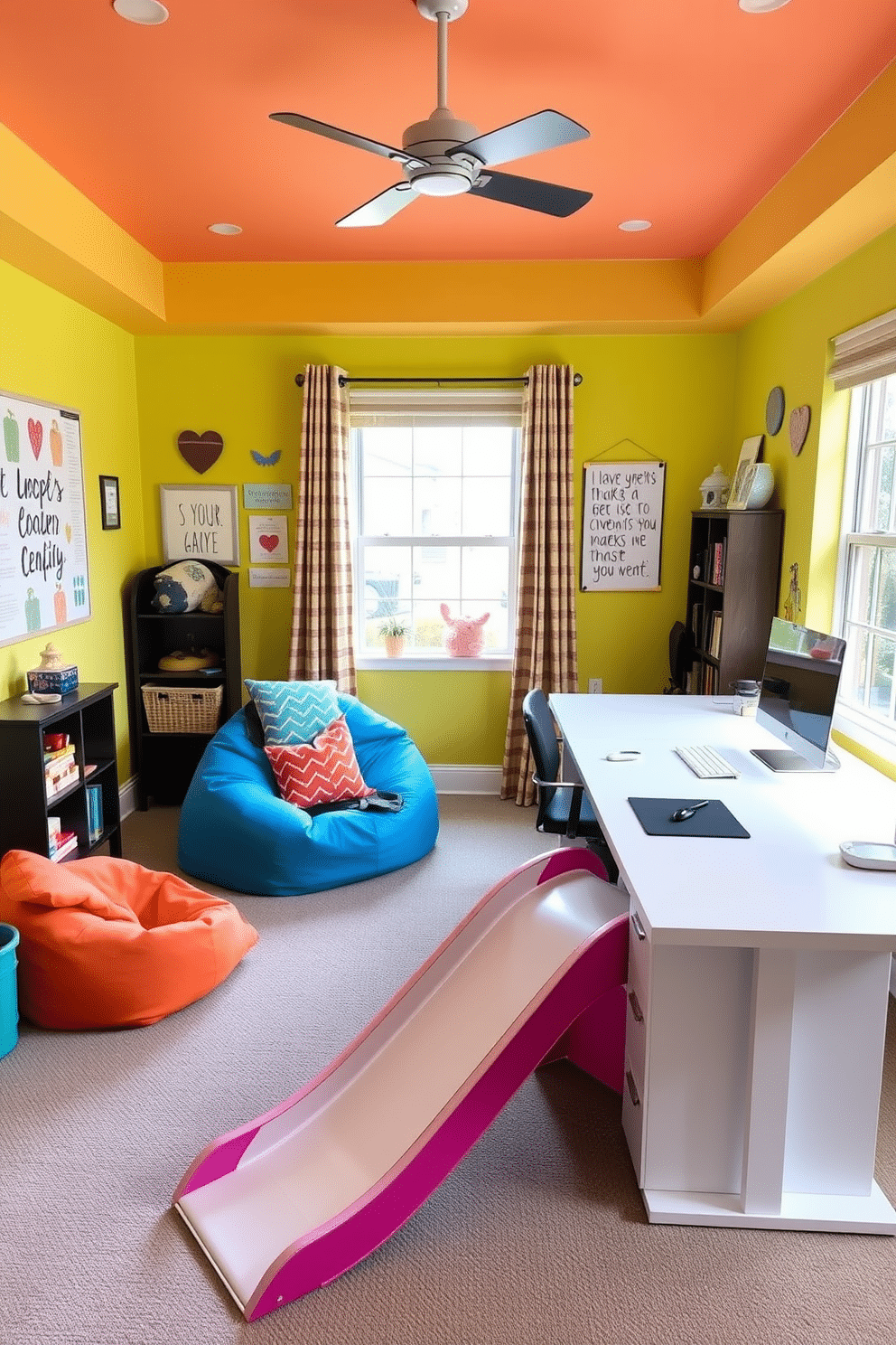 A vibrant office playroom designed for creativity and relaxation. The space features a cozy seating area with colorful bean bags and a small indoor slide that adds an element of fun, encouraging a playful atmosphere. The walls are painted in bright, cheerful colors, adorned with inspirational artwork and playful decals. A large desk with a modern design is positioned near the window, providing ample natural light for work and play.